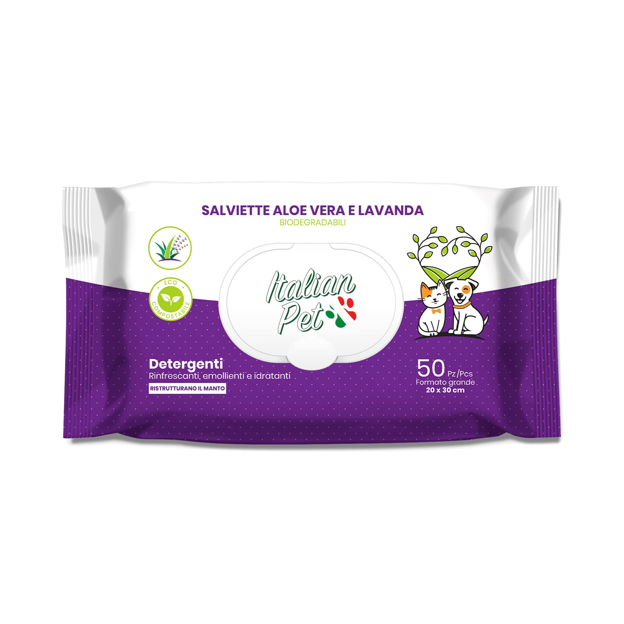 Italian Pet – Biologisch abbaubare Tücher Aloe Vera und Lavendel – Feuchttücher für Pfoten, Maulkorb und Haare von Hunden, Katzen, Kaninchen, Haustieren – 50 Einweg-Bio-Tücher – 20×30 cm