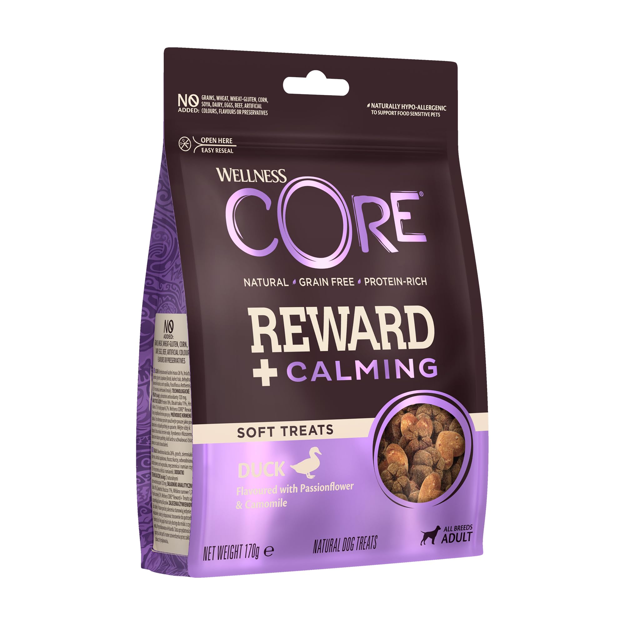 Wellness CORE Reward+ Ente & Kamille, Hundeleckerli zur Belohnung, fördert die Beruhigung Ihres Hundes, weich, getreidefrei, 170g