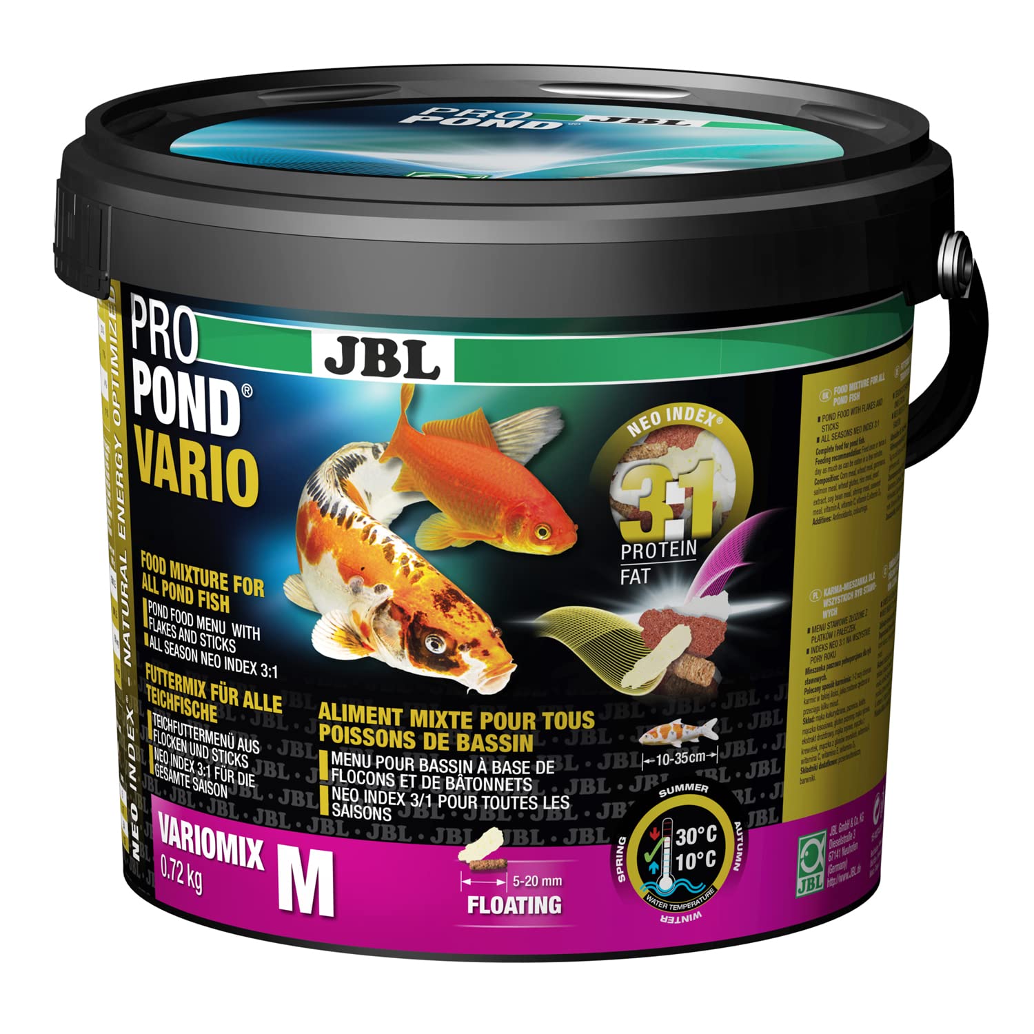 JBL Futter für alle Teichfische, Schwimmendes Futtermenü aus Flocken und Sticks, Spezialfutter, ProPond Vario 0,72 kg