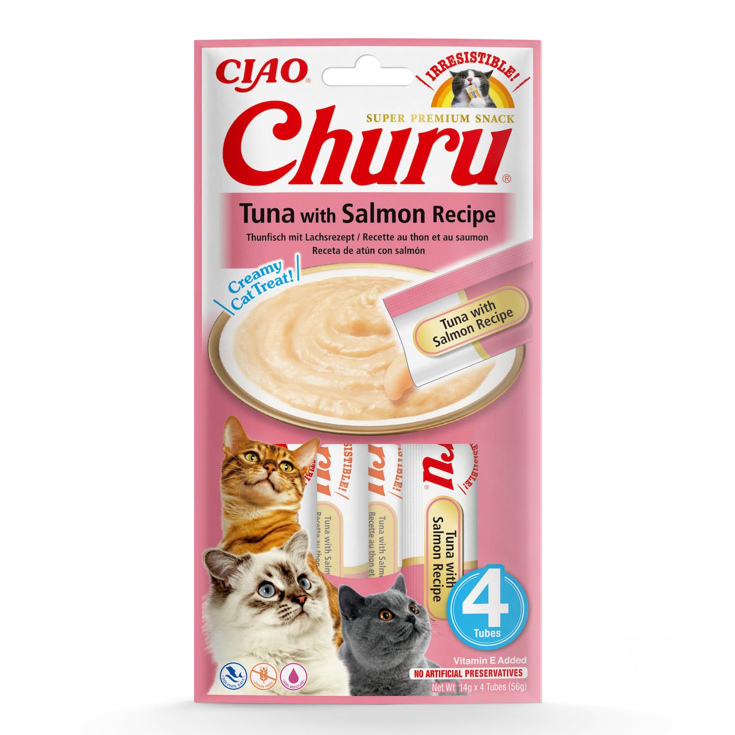 INABA Churu Püree Katzen-Leckerli – Katzenpaste zum Füttern aus der Hand – Köstliche Katzensnacks zum Schlecken – Katzensticks mit Thunfisch und Lachs – 1 Packung / 4 Sticks