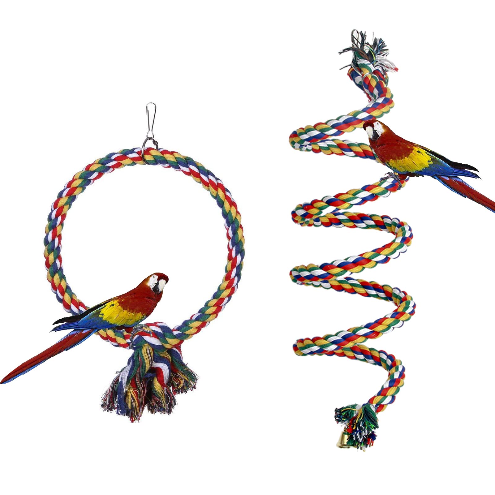 Aedcbaide Vogelspielzeug für Papageien 2 Stück, Vogel Papagei Spielzeug Sittiche Hängespielzeug Glöckchen Swing 150 cm und 17,8 cm Durchmesser Vogelschaukel für Wellensittiche, Nymphensittiche