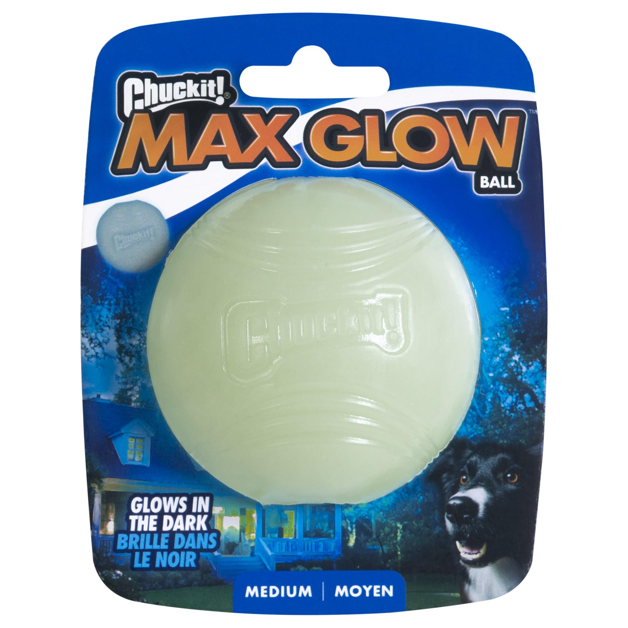 Chuckit – Max Glow Ball Medium – Phosphoreszierender Ball für Hunde – Gummiball – weich im Mund – verstärkt die Komplizenschaft – Größe Medium – Durchmesser 6,5 cm