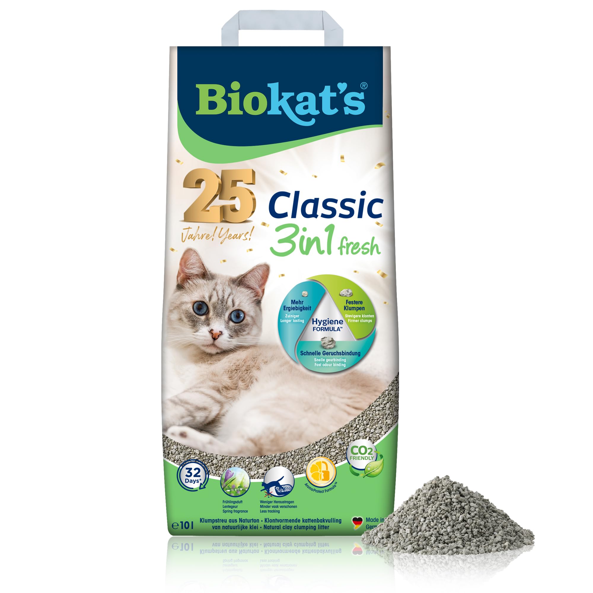 Biokat’s Classic fresh 3in1 mit Frühlings-Duft – Klumpende Katzenstreu mit 3 unterschiedlichen Korngrößen – 1 Sack (1 x 10 L)