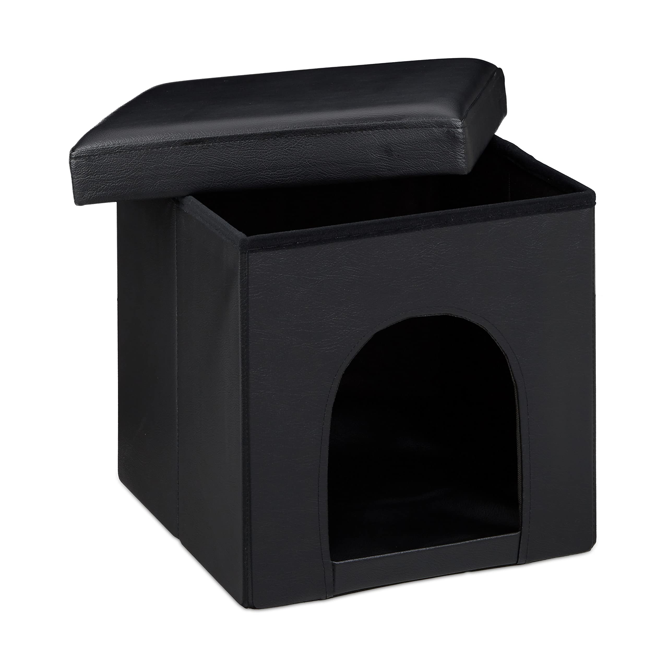 Relaxdays Hundebox Sitzhocker HBT 38 x 38 x 38 cm Stabiler Sitzcube mit praktischer Tierhöhle für Hunde und Katze aus hochwertigem Kunstleder und Deckel zum Abnehmen für Ihren Wohnraum, schwarz