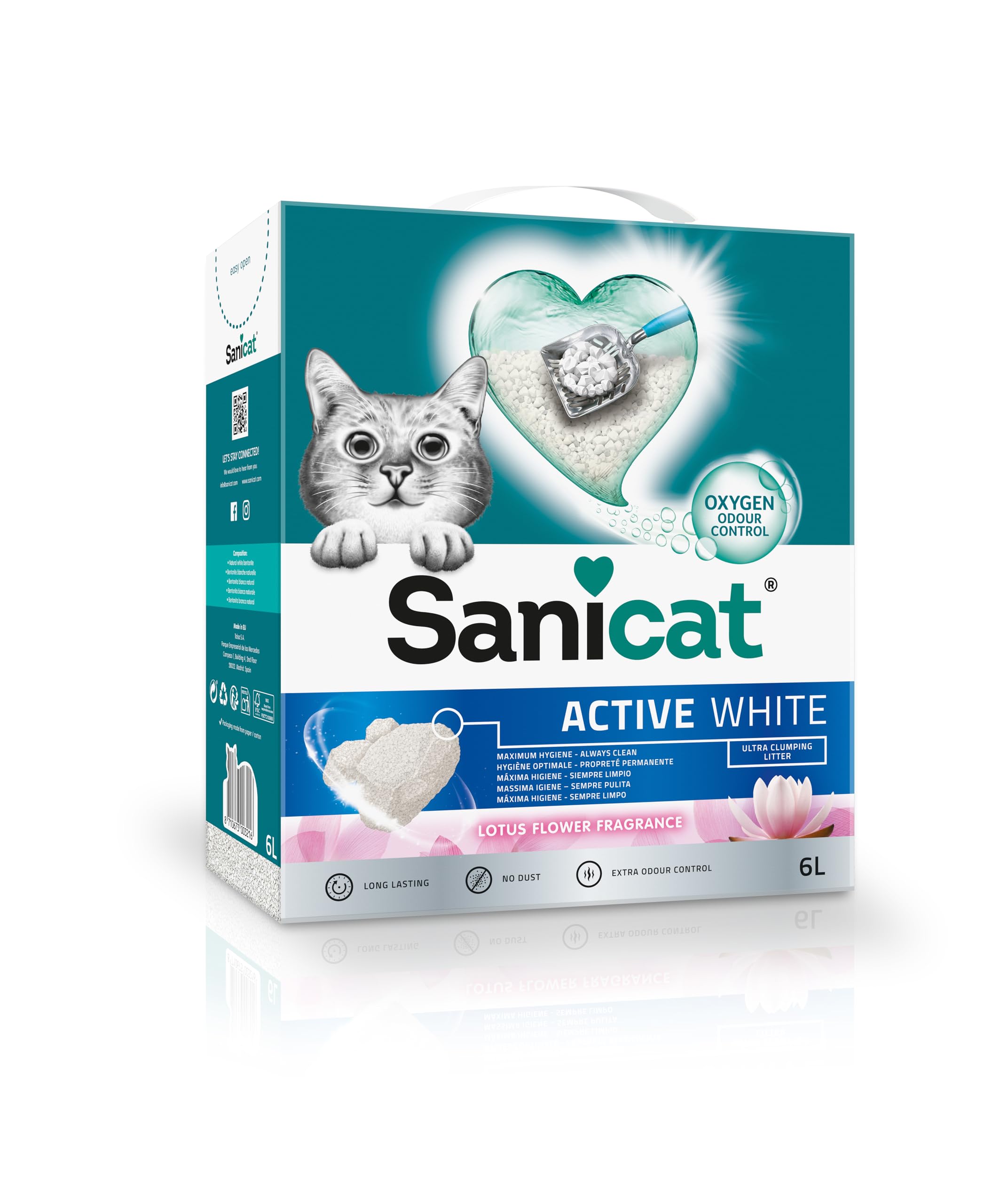 Sanicat Klumpstreu Active White mit Lotusblumenduft Hergestellt aus natürlichen Mineralien mit garantierter Geruchsbindung Absorbiert die Feuchtigkeit und erleichtert die Reinigung Packungsgröße 6l