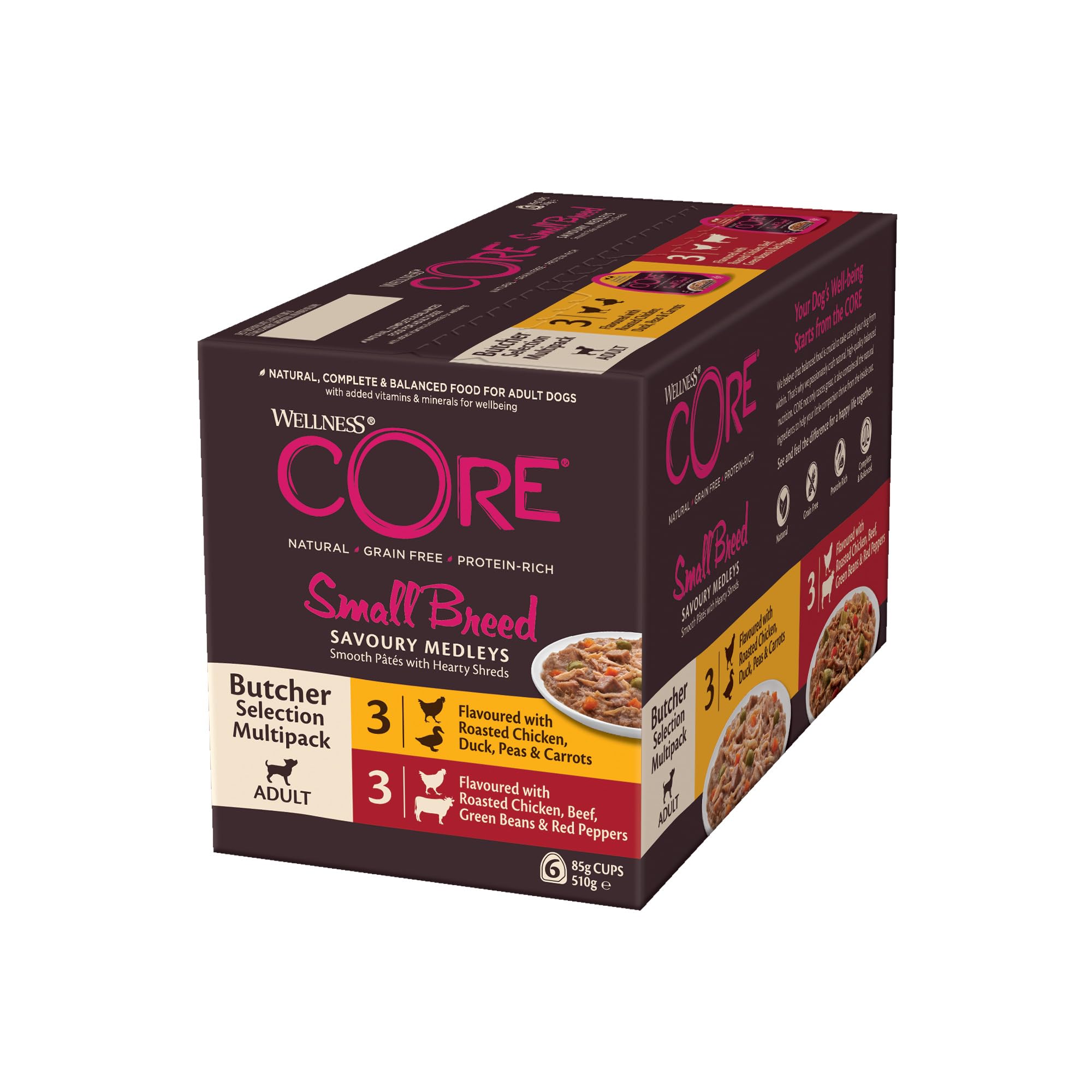 Wellness CORE Small Breed Savoury Medleys, Butcher Selection Mix, 6 x 85 g, Hundefutter nass für kleine Hunde, ohne Zuckerzusatz, getreidefrei, mit hohem Fleischanteil