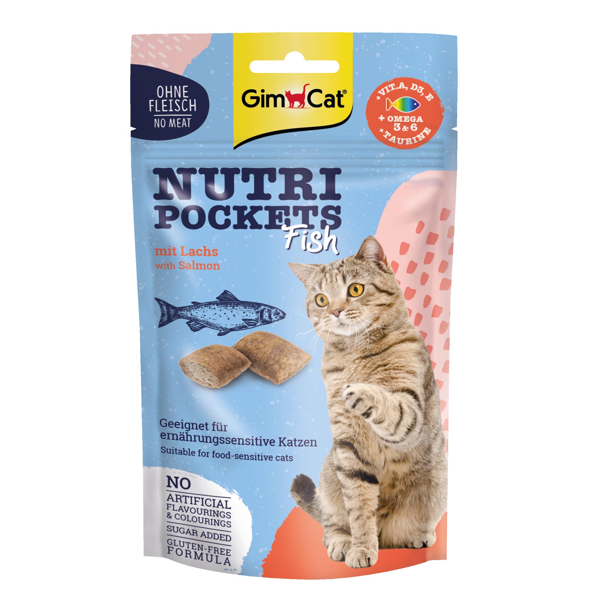 GimCat Nutri Pockets Fisch Lachs – Knuspriger Katzensnack mit funktionalen Inhaltsstoffen – 1 Beutel (1 x 60 g)