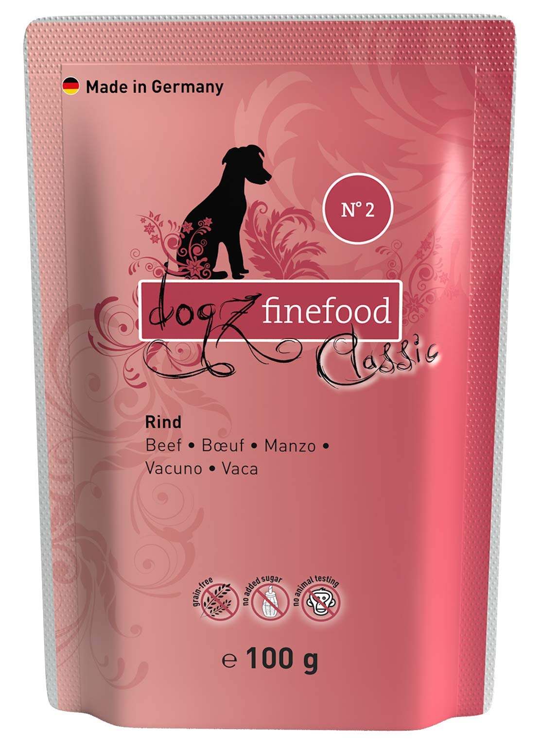 dogz finefood Hundefutter nass – N° 2 Rind – Feinkost Nassfutter für Hunde & Welpen – getreidefrei & zuckerfrei – hoher Fleischanteil, 12 x 100 g Beutel