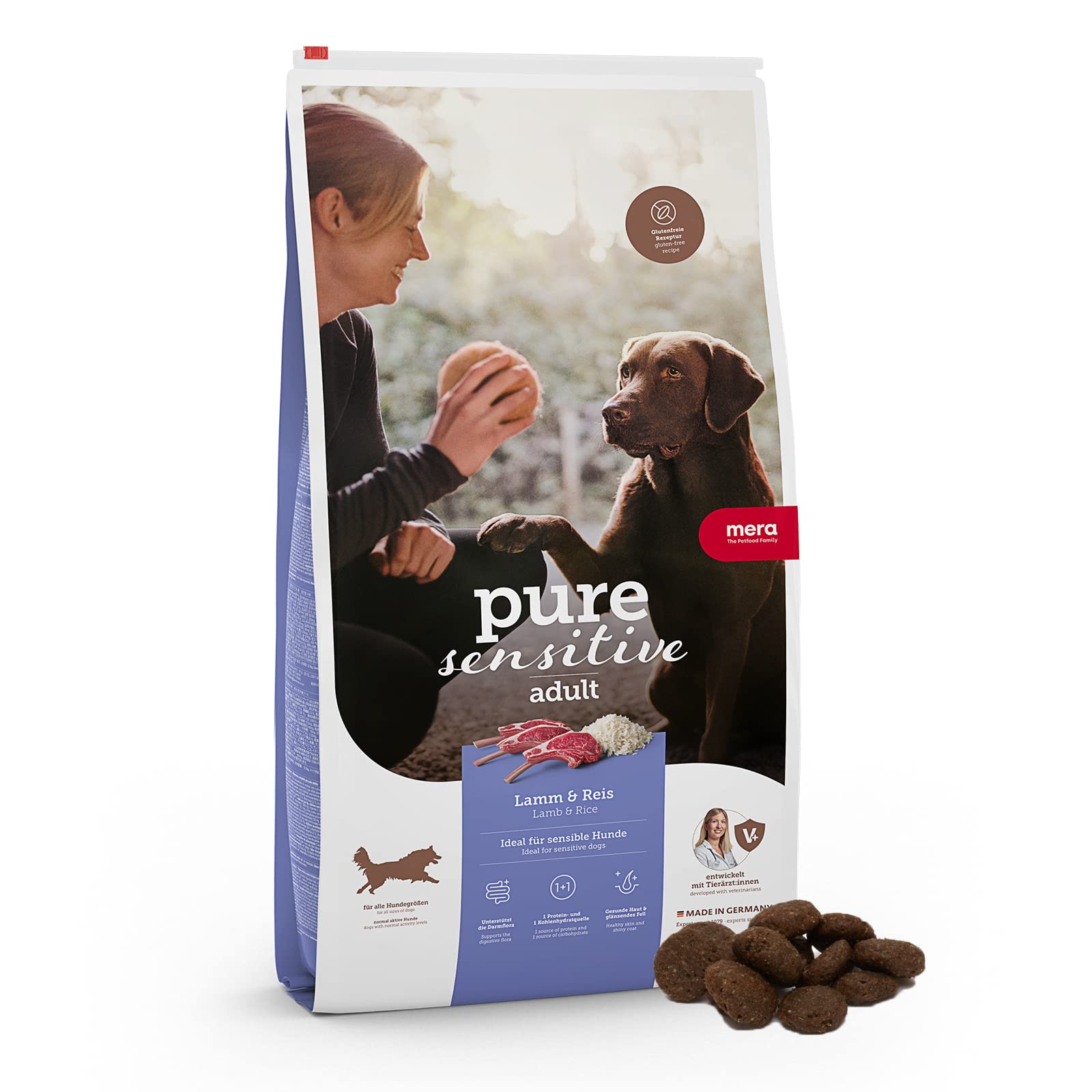 MERA pure sensitive Lamm & Reis, Hundefutter trocken für sensible Hunde, Trockenfutter aus Lamm und Reis, Futter für ausgewachsenen Hund, ohne Weizen und Zucker (12, 5 kg)