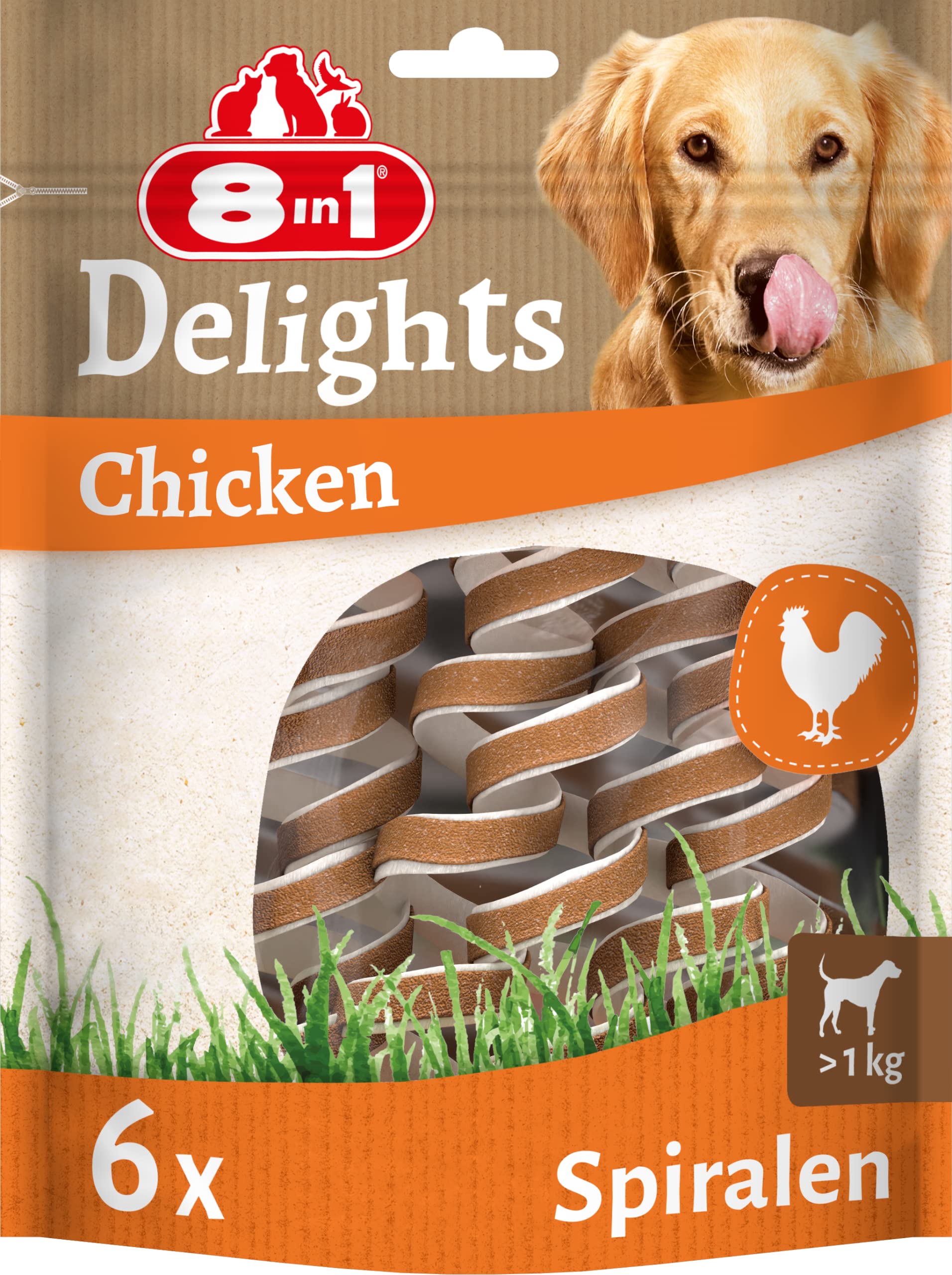 8in1 Delights Chicken Kau-Spiralen – gesunder Kausnack für Hunde, hochwertiges Hähnchenfleisch eingewickelt in Rinderhaut, 6 Stück