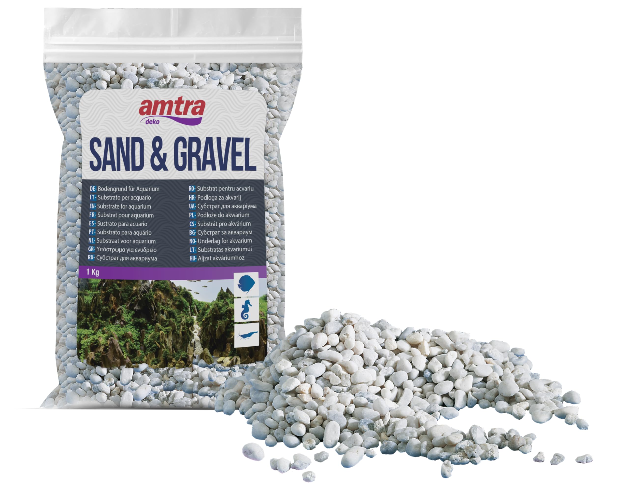 Amtra Gravel – Natürlicher Aquarienkies, dekorative Erde, grobe weiße Körnung, Größe 4-8 mm, Größe 1 kg