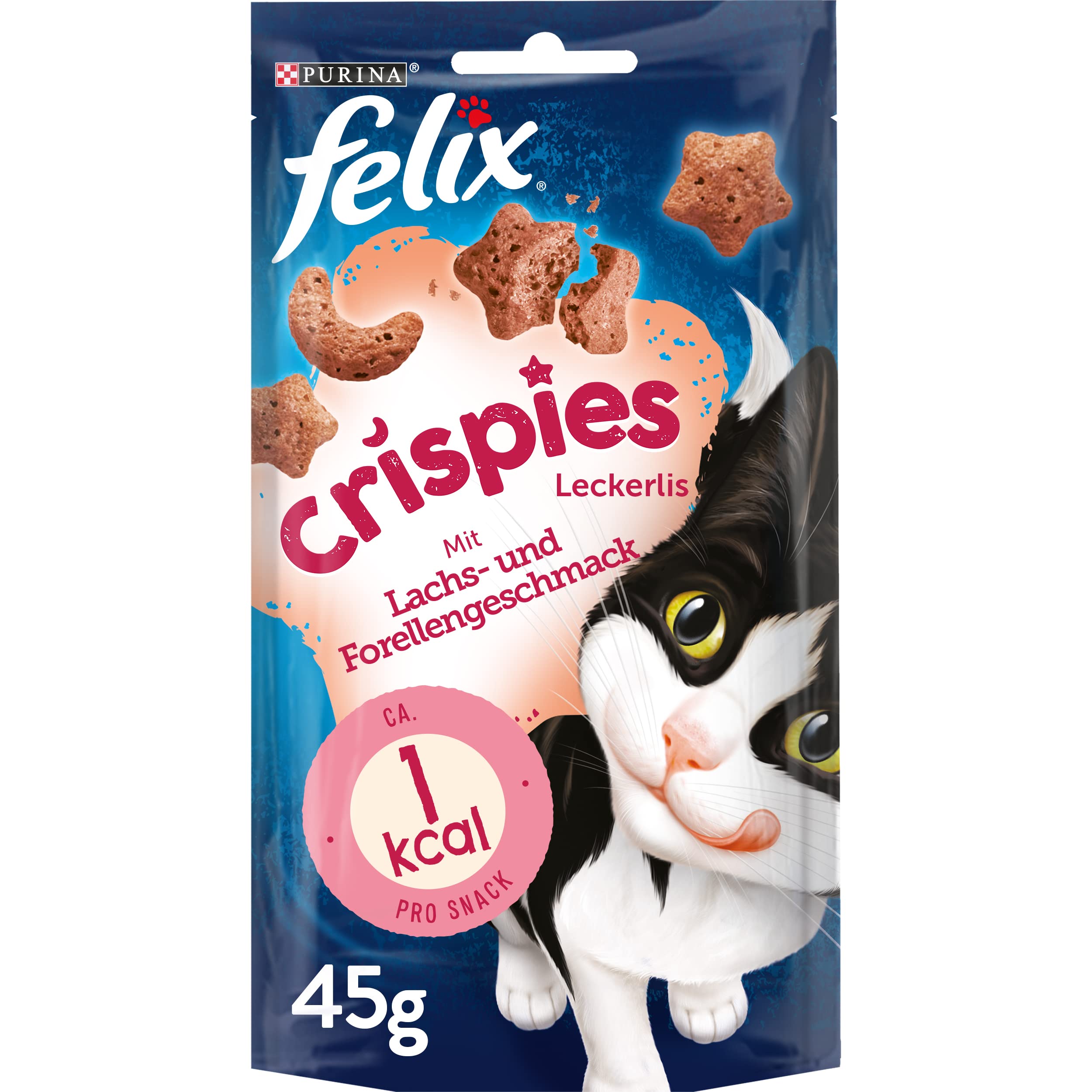 FELIX Crispies Katzensnack, Knusper-Leckerlie mit Lachs-und Forellengeschmack, 8er Pack (8 x 45g)