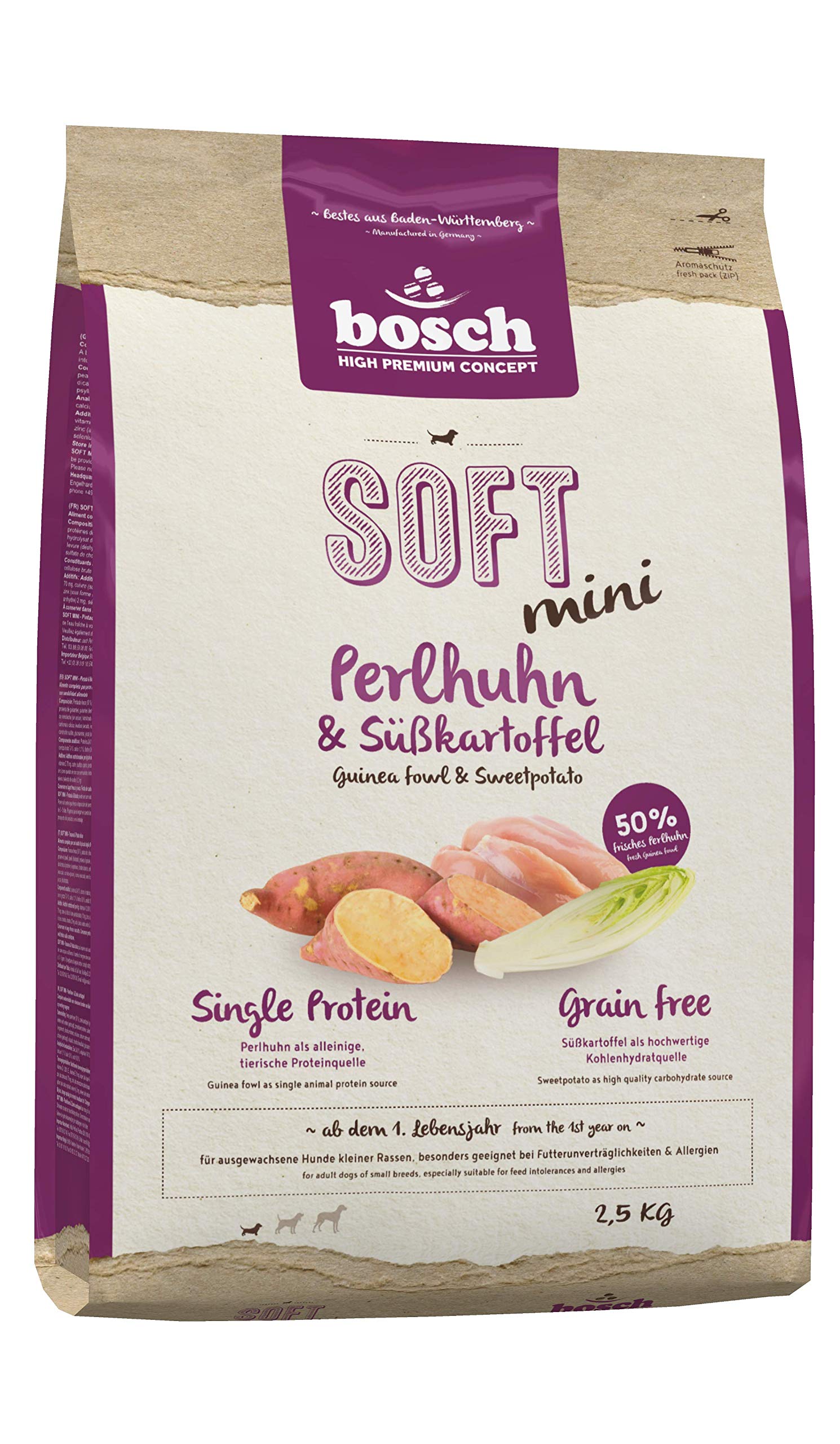 bosch HPC SOFT Mini Perlhuhn & Süßkartoffel | halbfeuchtes Hundefutter für ausgewachsene Hunde kleiner Rassen | Single Protein | grain-free | 1 x 2.5 kg