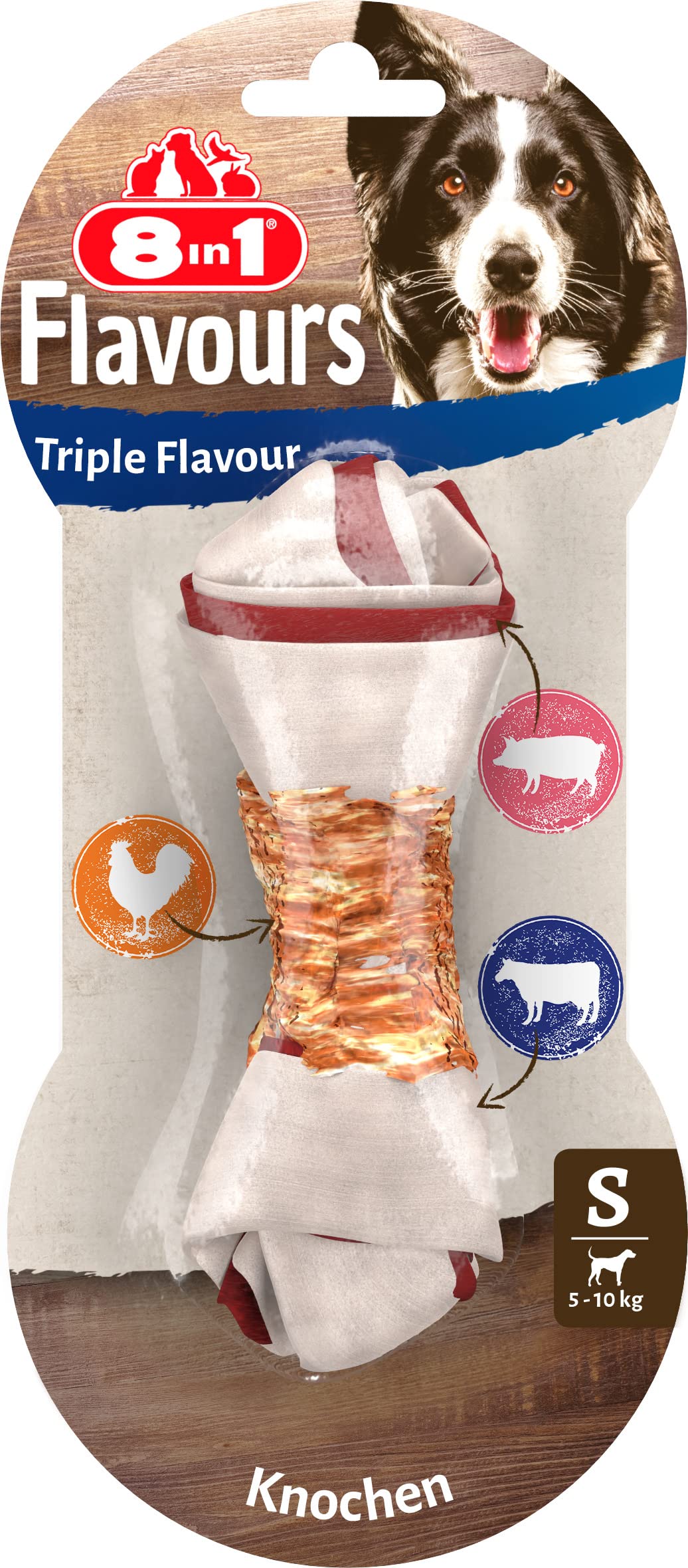 8in1 Triple Flavour Knochen S – leckerer Hundeknochen mit Hähnchenfilet, Schweine- und Rinderhaut, 1 Stück