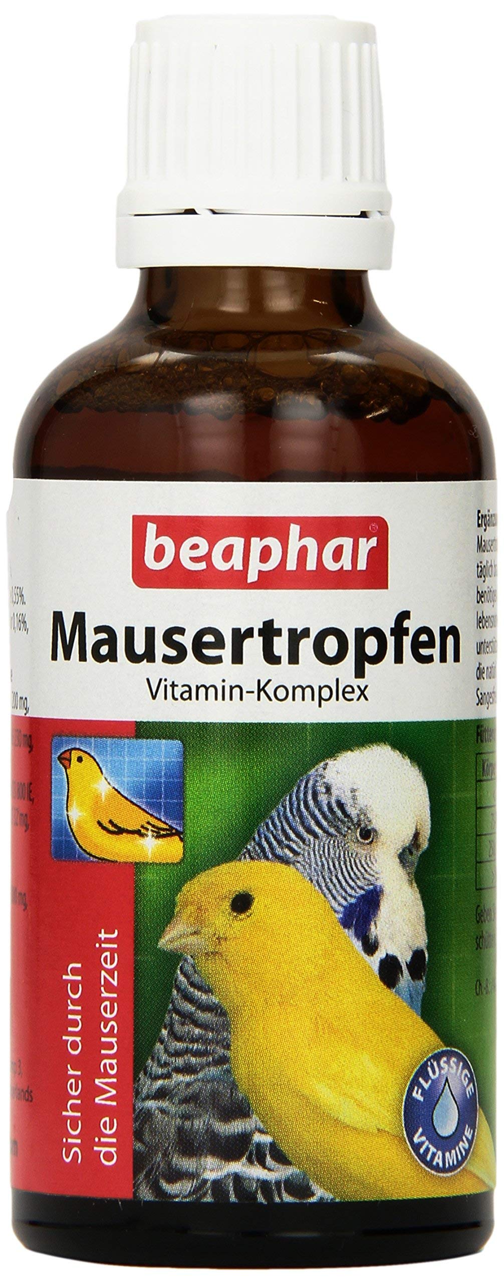 BEAPHAR – Mausertropfen Vitamin-Komplex – Nahrungsergänzungsmittel Für Vögel – Mit Vitamin A, C, D3, E, K, B-Komplex – Unterstützt Natürliche Abwehrkräfte, Fördert Sprech- Und Sangesfreude – 50 ml