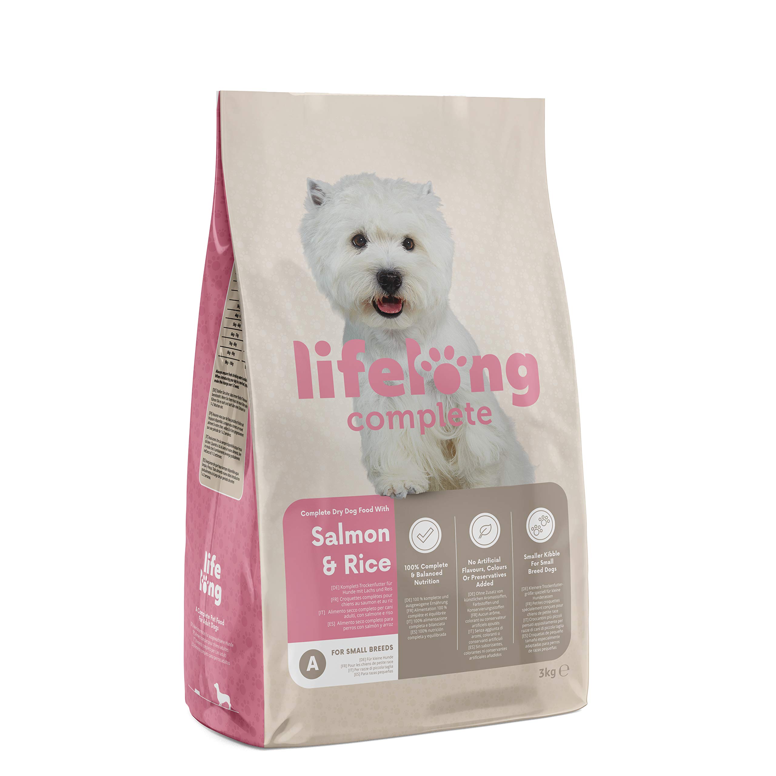 Amazon-Marke: Lifelong – Hundefutter für ausgewachsene Hunde (Adult) kleiner Rassen, Fein zubereitetes Trockenfutter mit Lachs und Reis, 3 kg (1er-Pack)