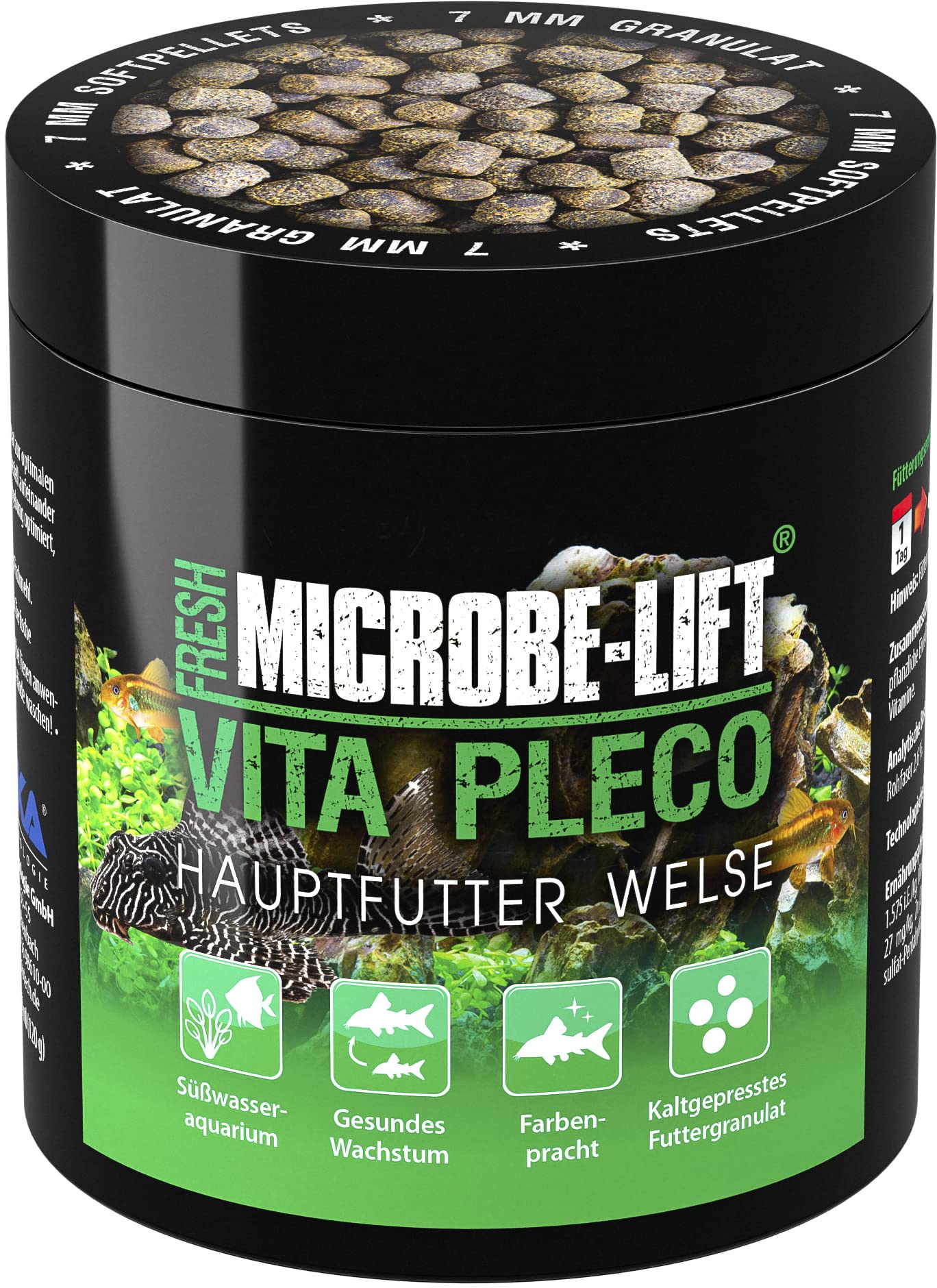 MICROBE-LIFT Vita Pleco – 250 ml – Premium Soft Granulatfutter für Welse. Unterstützt Farbenvielfalt und Wachstum in Süßwasseraquarien, kaltgepresst.