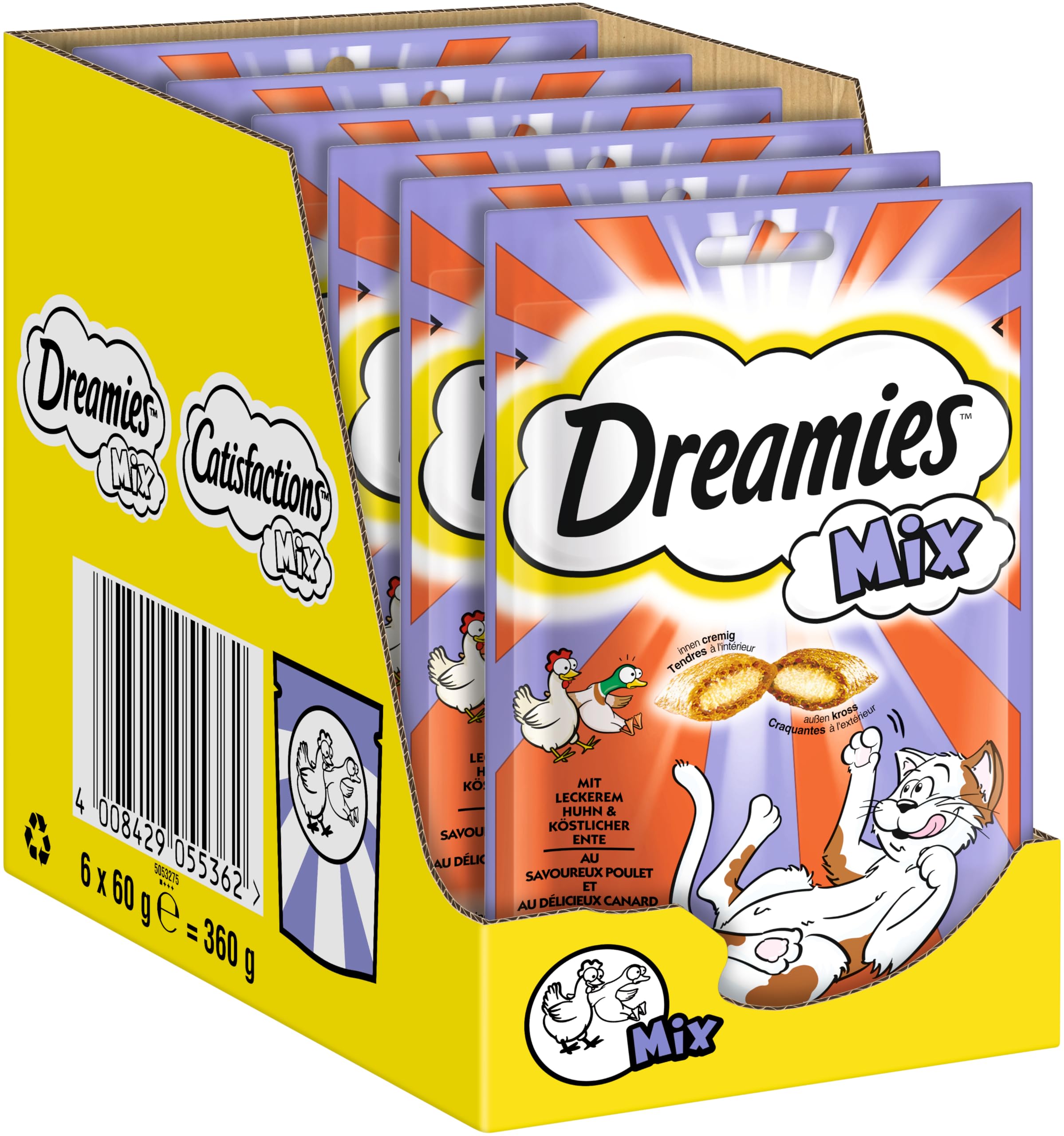 Dreamies Mix Katzensnacks mit Huhn & Ente – Außen knusprig & innen cremig – 6 x 60g