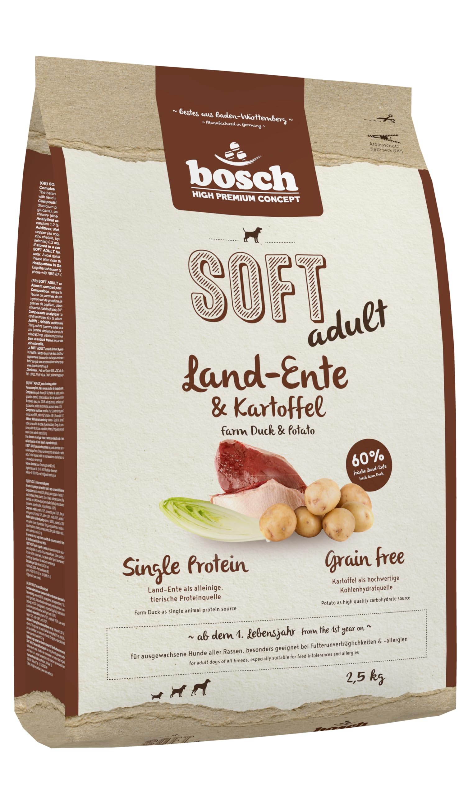 bosch HPC SOFT Land-Ente & Kartoffel | halbfeuchtes Hundefutter für ausgewachsene Hunde aller Rassen | Single Protein | grain-free | 1 x 2.5 kg