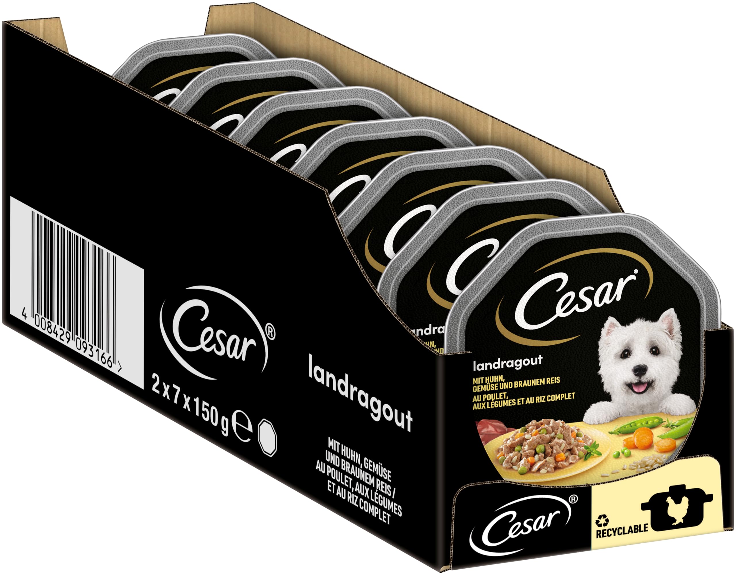 Cesar Adult Hundenassfutter Landragout, 14 Schalen, 14x150g – Premium Hundefutter nass, mit Huhn, Gemüse und braunem Reis