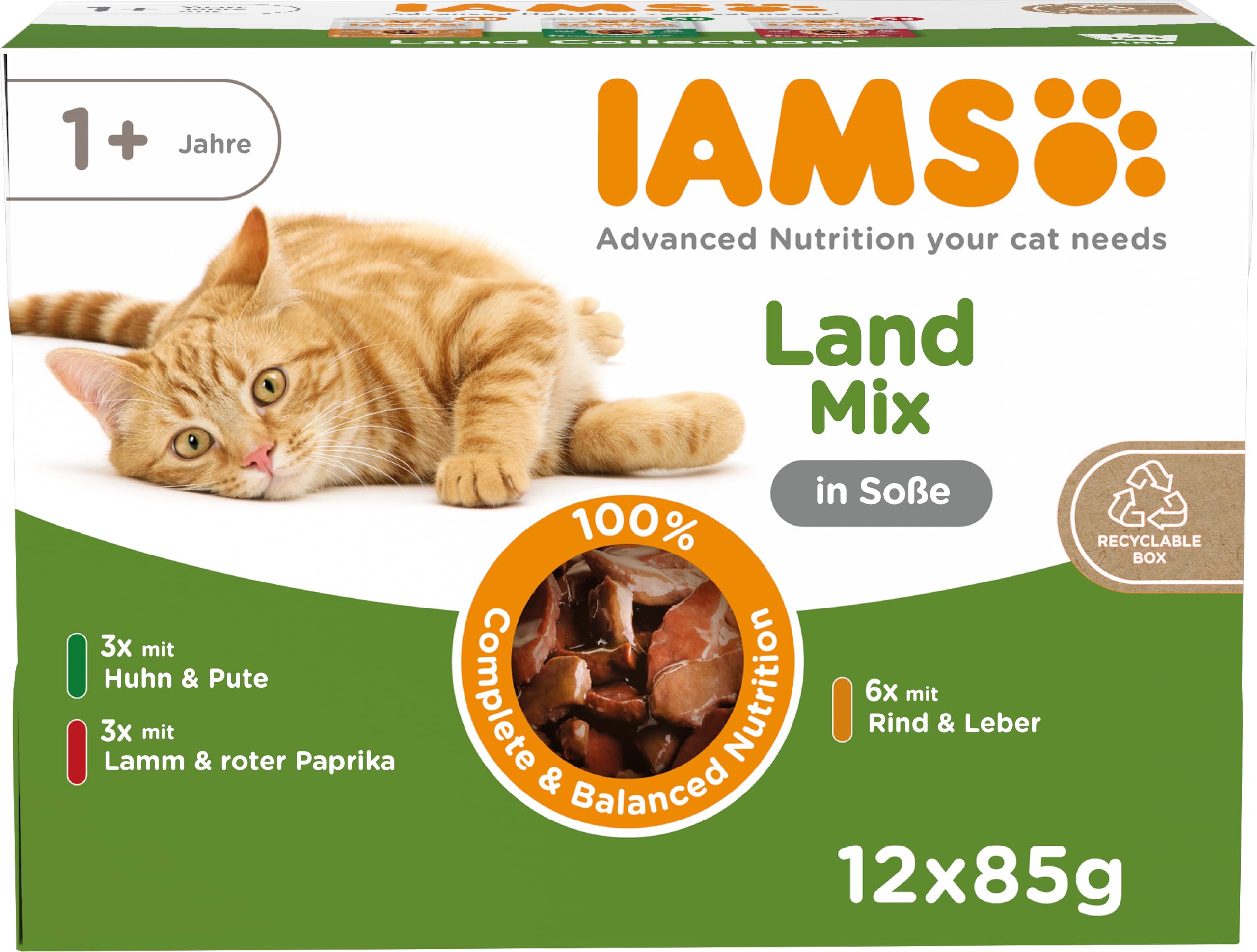 IAMS Delights Land Collection Katzenfutter Nass – Multipack mit Fleisch Sorten (Lamm, Rind, Huhn & Pute) in Sauce, Nassfutter für Katzen ab 1 Jahr, 12 x 85g