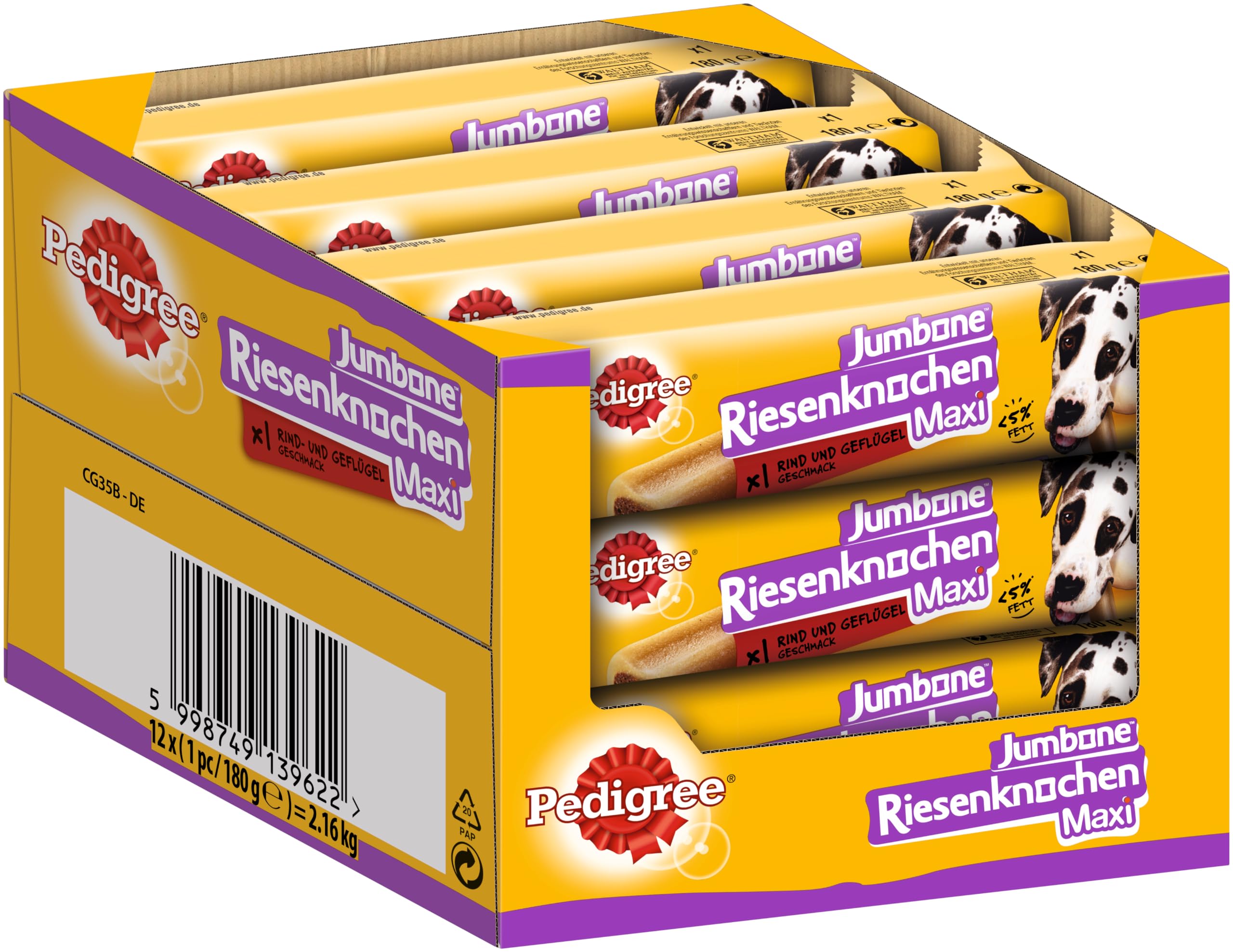 Pedigree Hundesnacks Riesenknochen Maxi Jumbone für große Hunde (+25kg), 12 Stück, 12x180g – Hundeleckerlis mit Rind– und Geflügelgeschmack