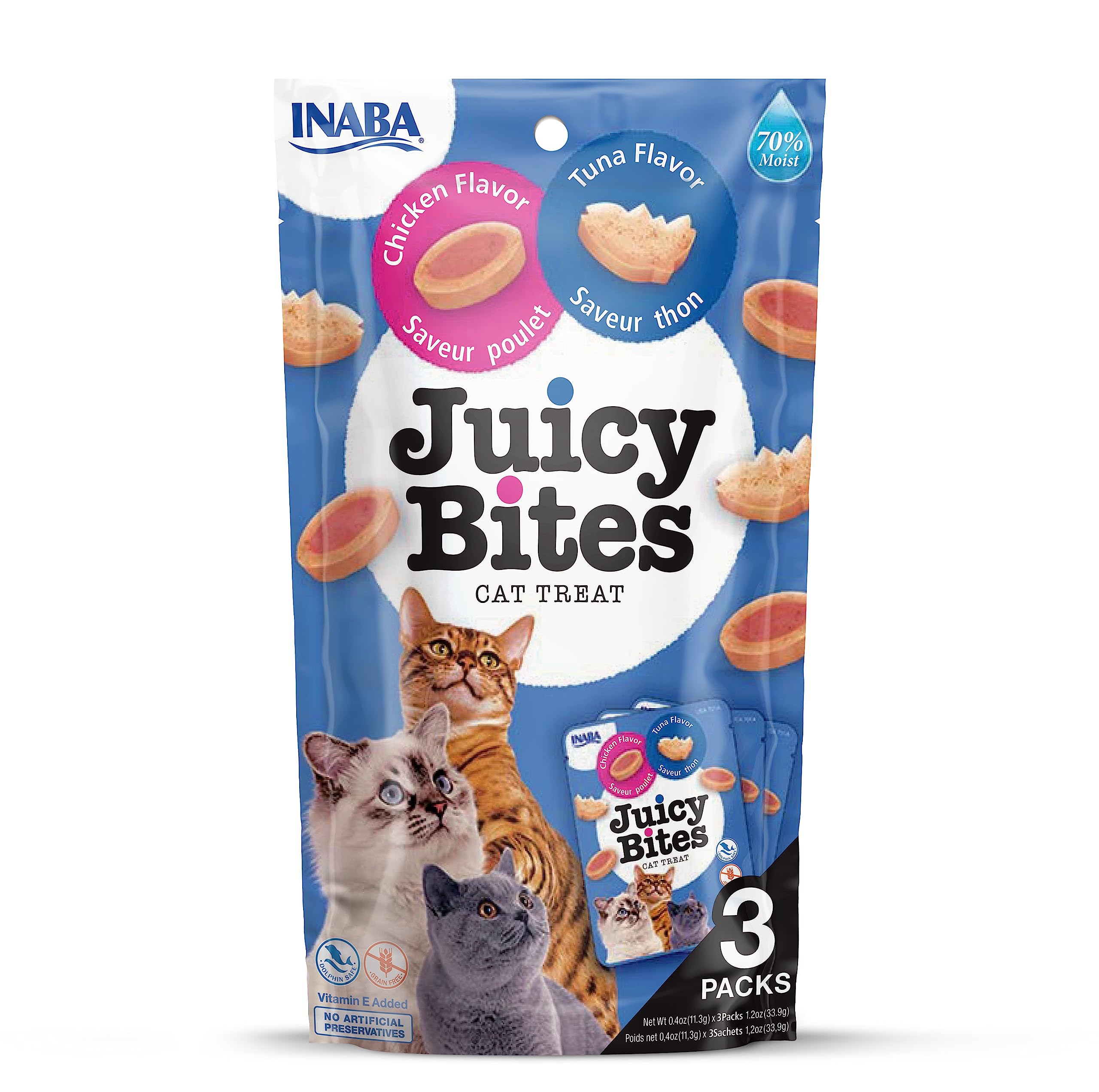 INABA Juicy Bites Katzen-Leckerlies – Knabbertaschen mit Saftigem Kern in Lustigen Formen – Mundgerechte Katzensnacks in 2 Geschmacksrichtungen – Huhn & Thunfisch 3x11g