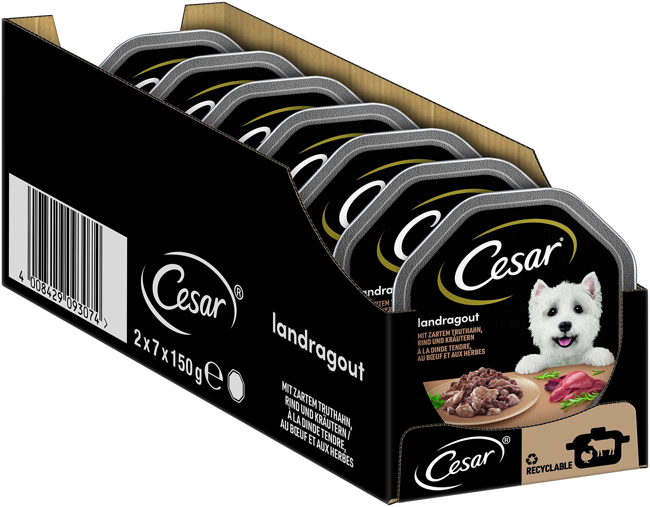 Cesar Adult Hundenassfutter Landragout mit zartem Truthahn, Rind und Kräutern, 14 Schalen, 14x150g – Premium Hundefutter nass, ohne Zuckerzusatz, künstliche Aroma– oder Farbstoffe