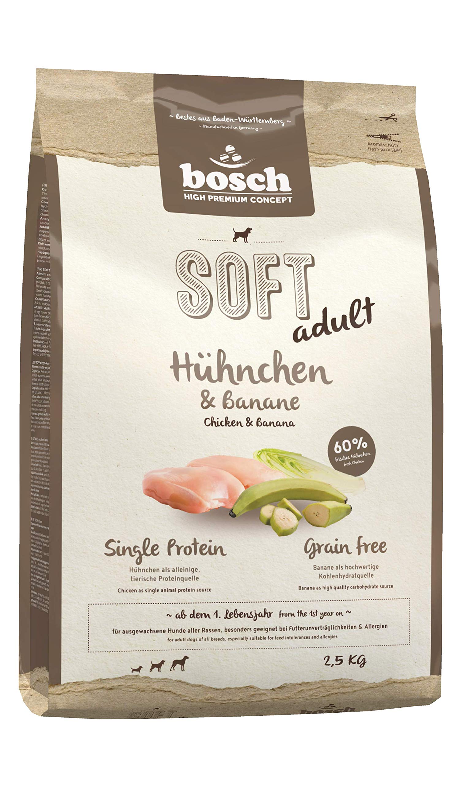 bosch HPC SOFT Hühnchen & Banane | halbfeuchtes Hundefutter für ausgewachsene Hunde aller Rassen | Single Protein | grain-free | 1 x 2.5 kg