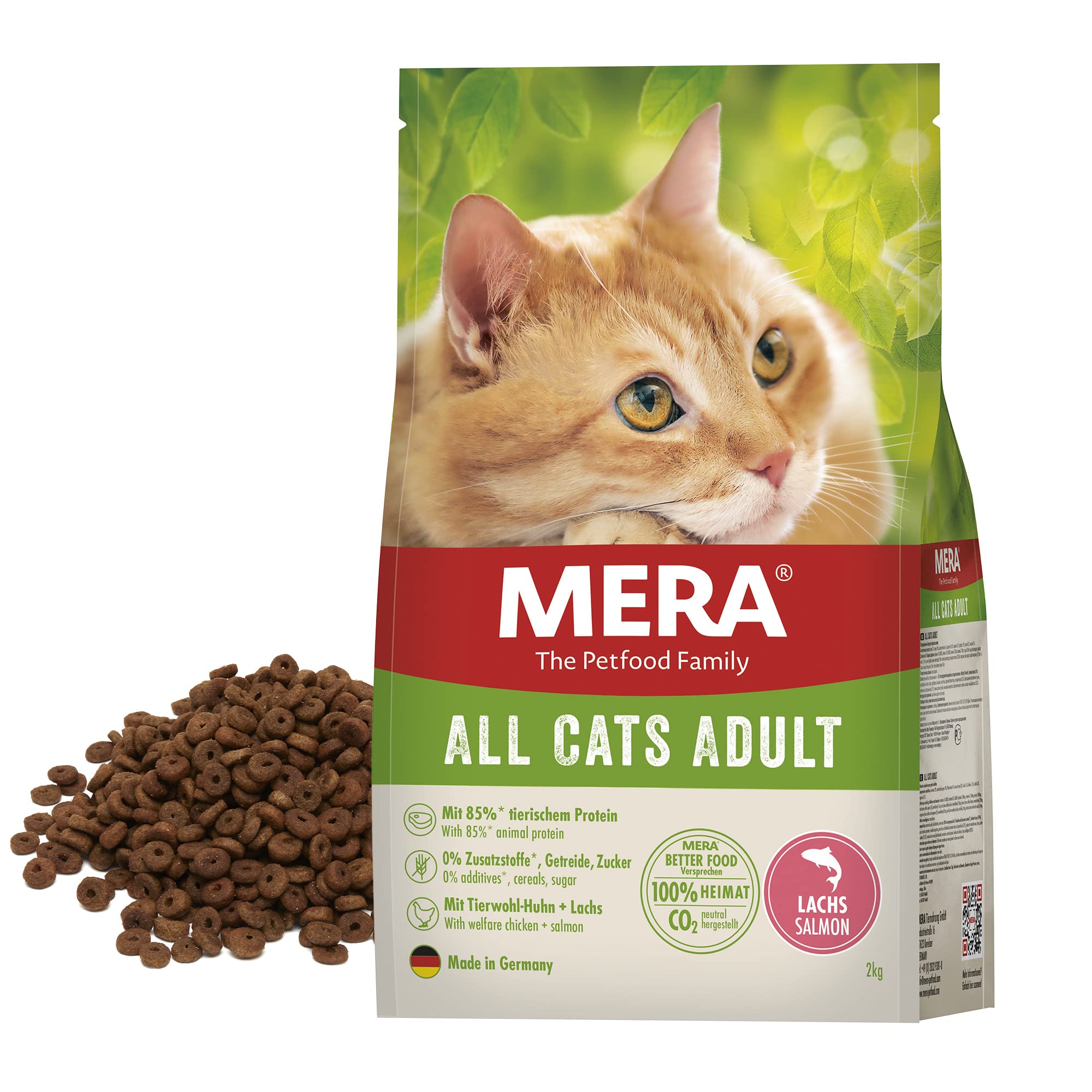 MERA Cats Lachs (2kg), getreidefreies Trockenfutter für ausgewachsene Katzen, nachhaltiges Katzenfutter mit hohem Fleischanteil