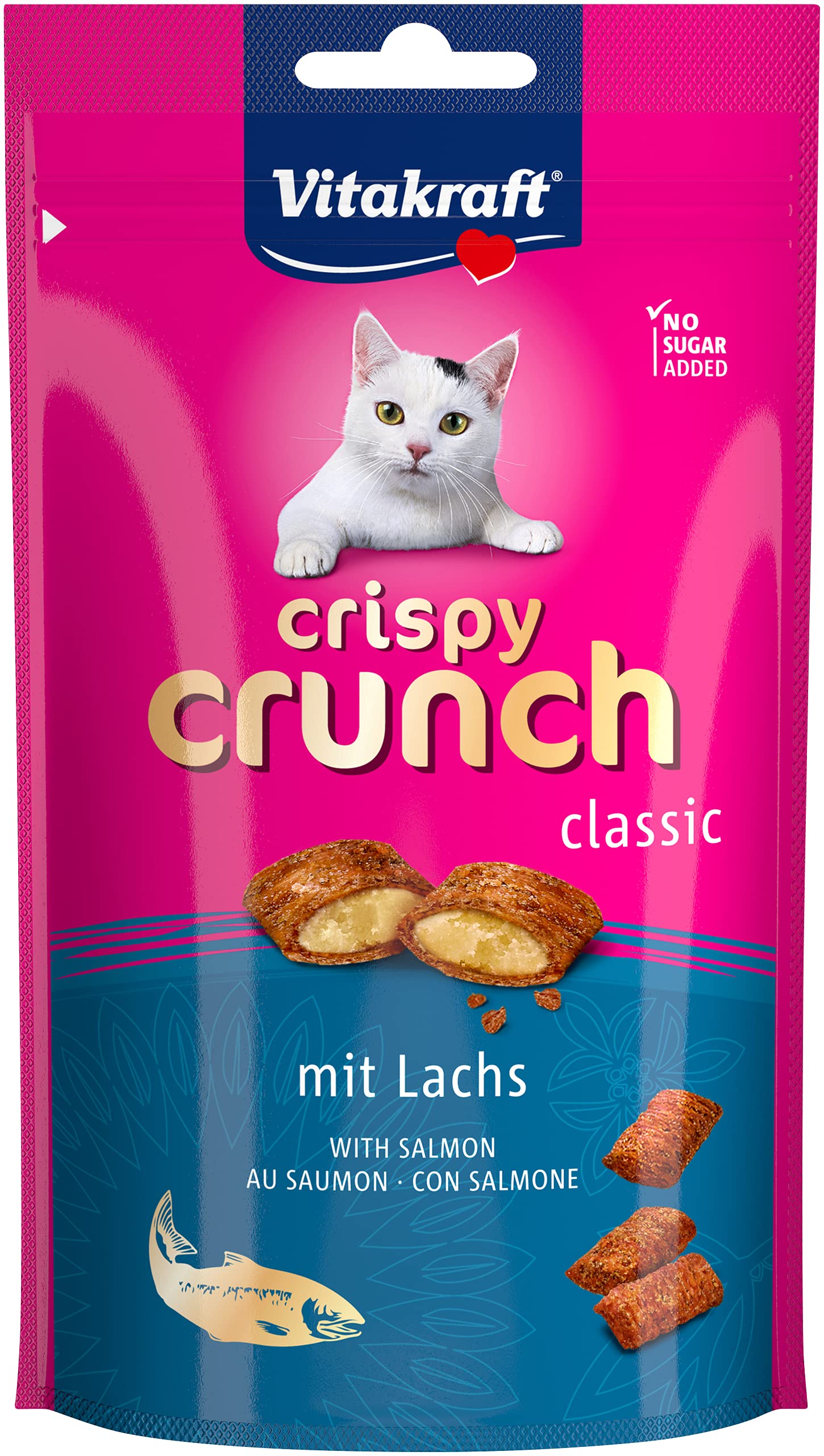 Vitakraft Crispy Crunch, knusprige Snackkissen gefüllt mit Lachs, Katzensnack, ohne Zusatz von Zucker (1x 60g)