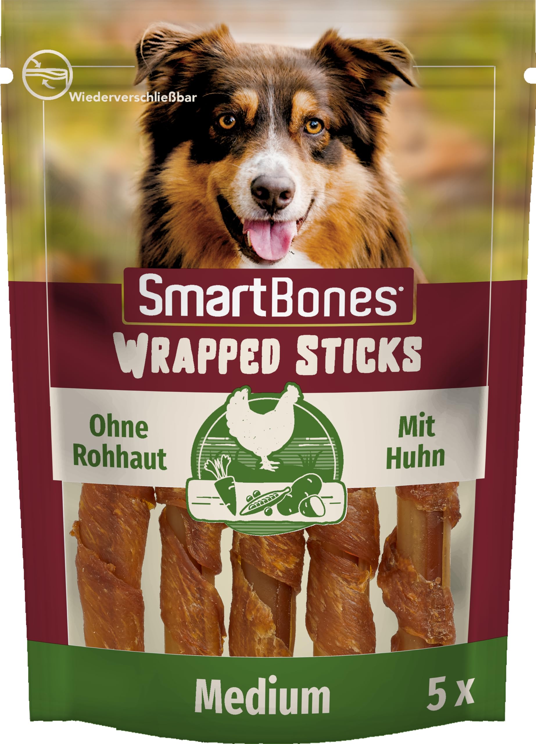 SmartBones Chicken Wrapped Sticks Medium – Hundesnack mit Huhn für mittelgroße Hunde, Kaustangen mit weicher Textur, ohne Rohhaut, 5 Stück