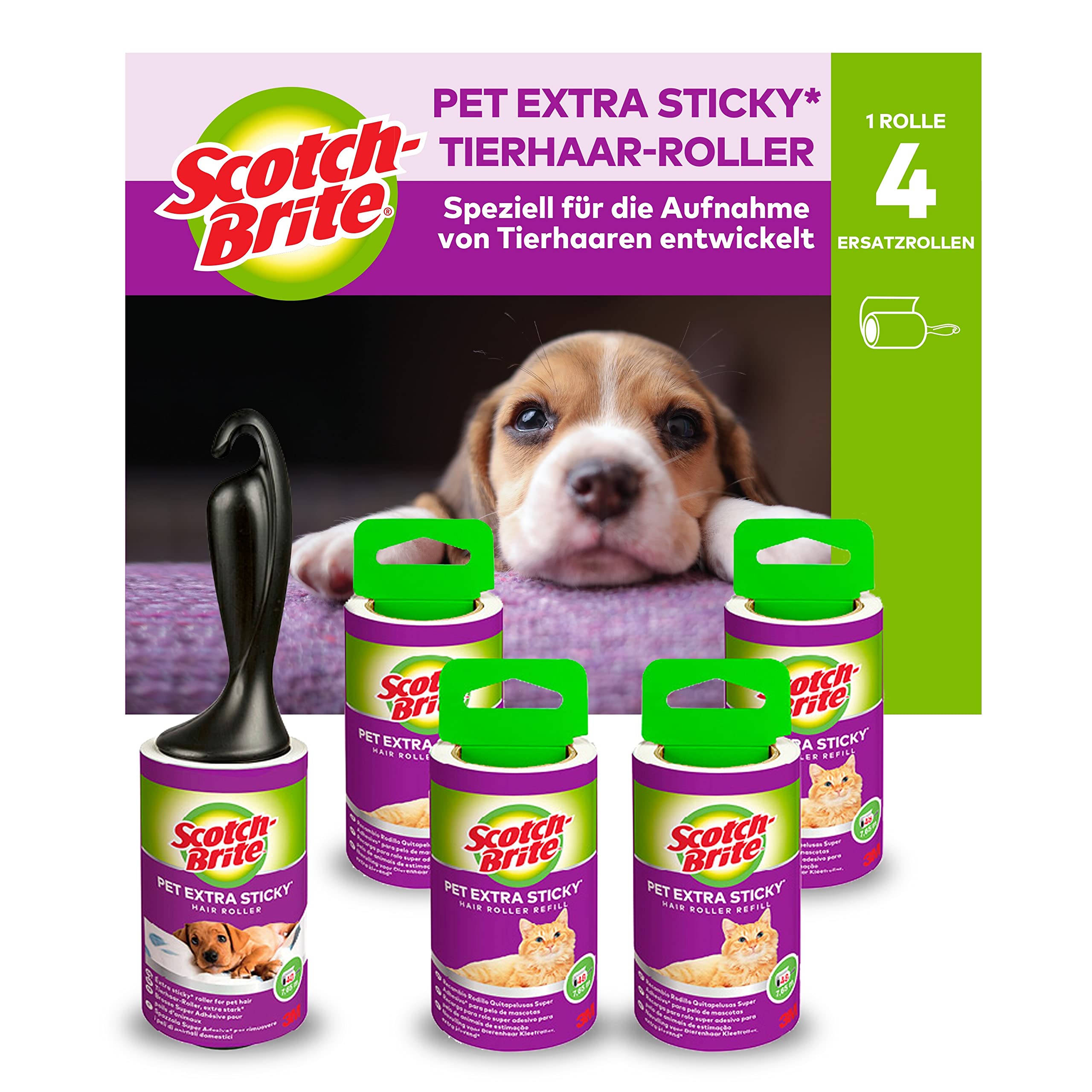 Scotch-Brite Pet Extra Sticky Fusselrolle für Tierhaare, 48 Blatt, 5 Rollen mit 1 Abroller, 240 Blatt pro Packung – Extra Klebrige Fusselrolle für Kleidung, Haare, Katzenhaare, Hundehaare