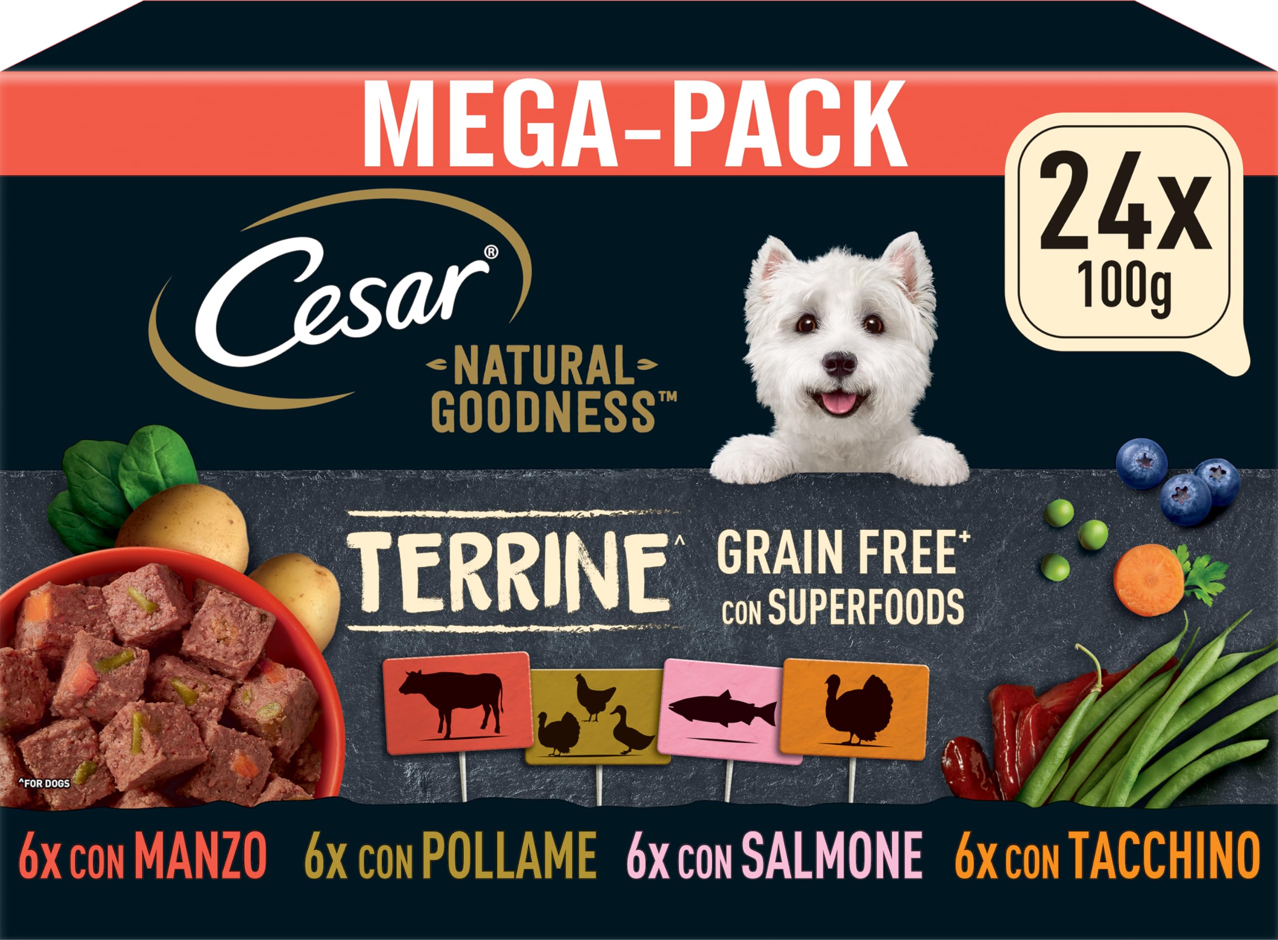 Cesar NATURAL GOODNESS Premium Hunde Nassfutter in der Schale Getreidefrei mit Superfoods in 4 Varietäten Megapack 24x100g