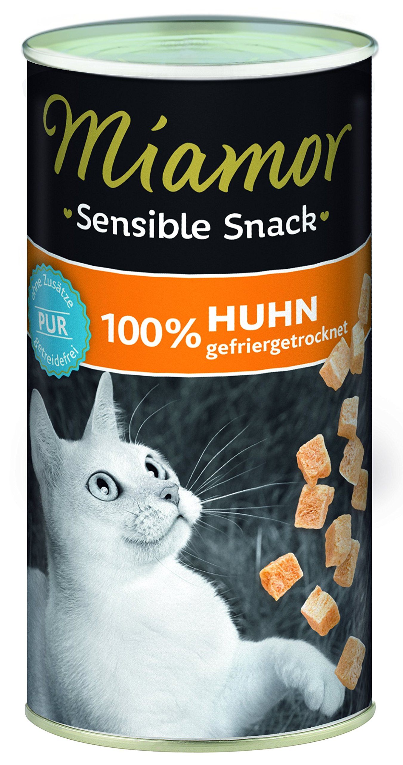 MIAMOR – Sensible Snack | Snack aus 100% Hühnerbrustfilet zum Verwöhnen ernährungssensibler Katzen. Ergänzungsfutter im in praktischer Dose ohne jegliche Zusätze | 12x30g Huhn