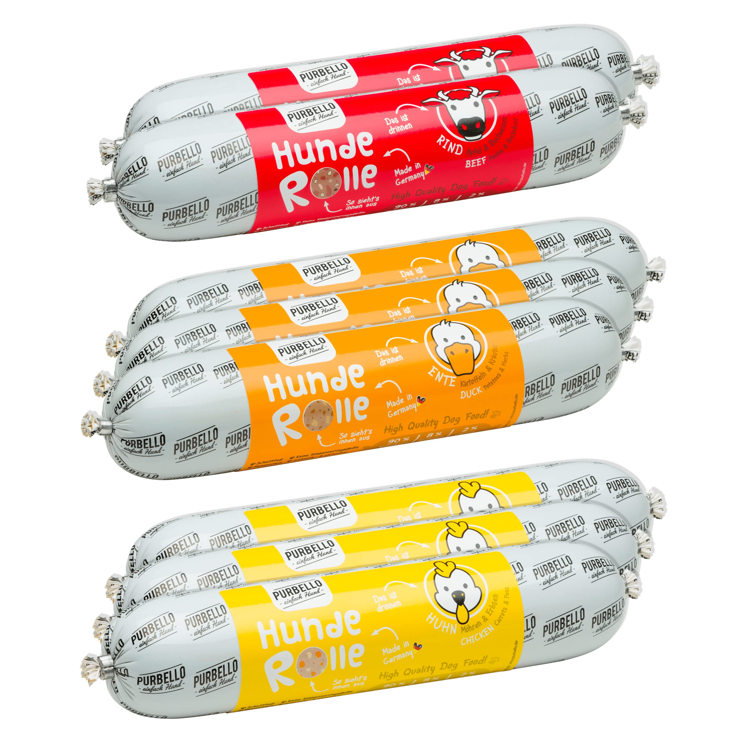 PURBELLO Hunde-Rolle Nassfutter Mix-Paket II – 3 x Huhn, 3 x Ente, 2 x Rind – Monoprotein Hundefutter mit hohem Fleischanteil – Hundewurst schnittfest und getreidefrei (8 x 400g)