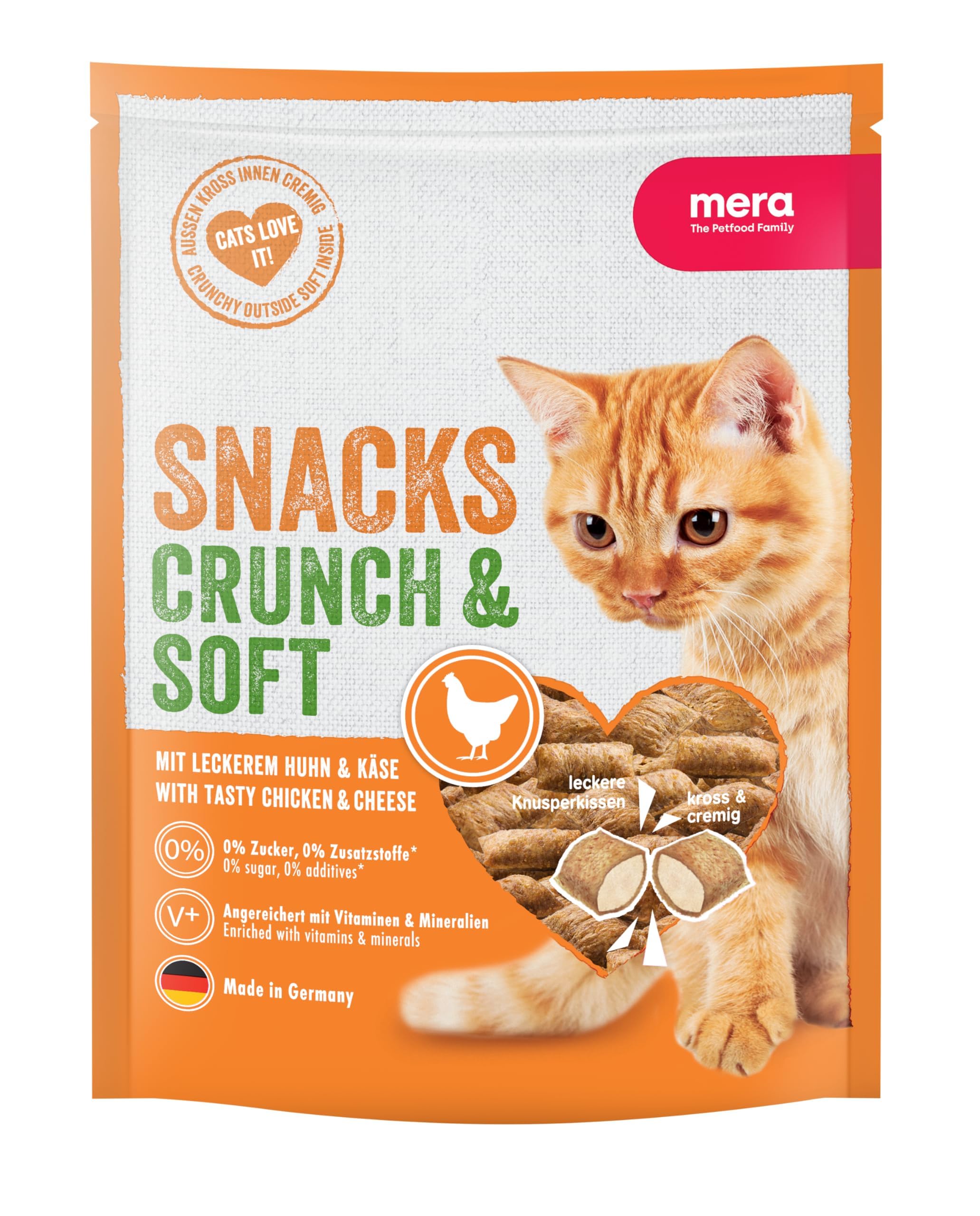 MERA Crunch & Soft mit Huhn & Käse, 200g köstliche Katzen Leckerlies, nahrhafter Katzensnack voller Vitamine und Mineralien, Knuspersnack mit cremiger Füllung