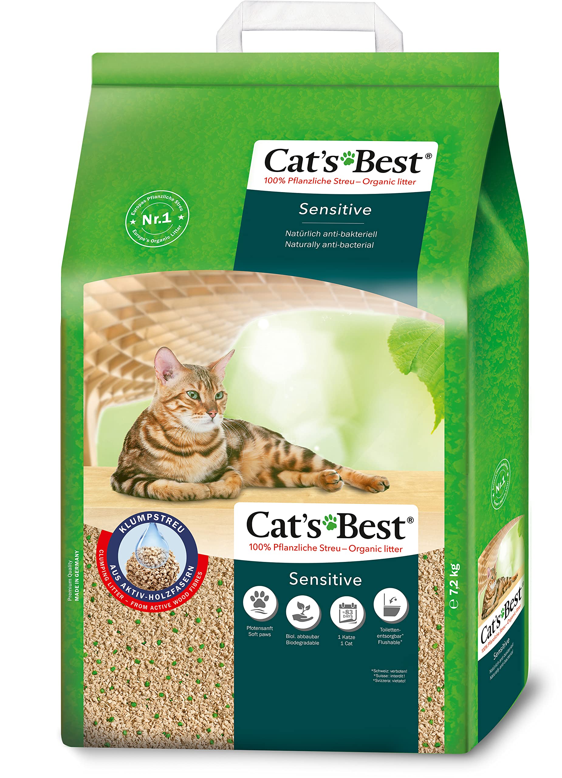 Cat’s Best Sensitive, 100 % pflanzliche Katzenstreu, fest klumpend und antibakteriell aus veredelten Aktiv-Holzfasern – speziell für empfindliche Katzen, 7,2 kg/20 l