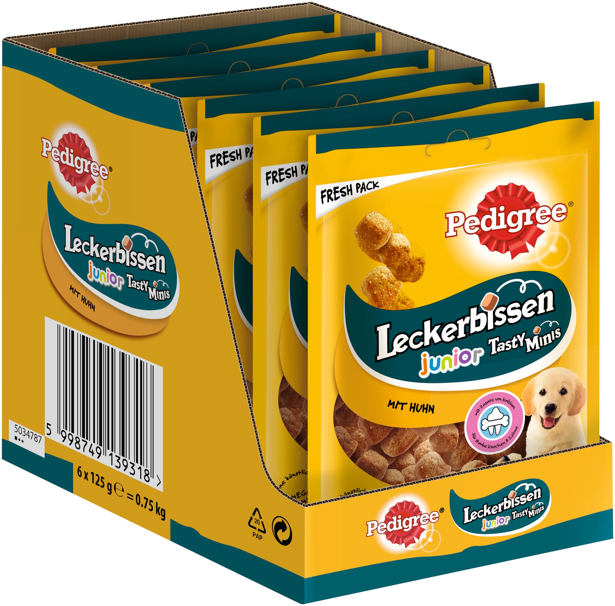 Pedigree Leckerbissen Junior – Kleine Hundesnacks für Welpen mit Huhn – Ideal für das Training oder für zwischendurch – Hunde Treats im Vorratspack (6 x 125g)