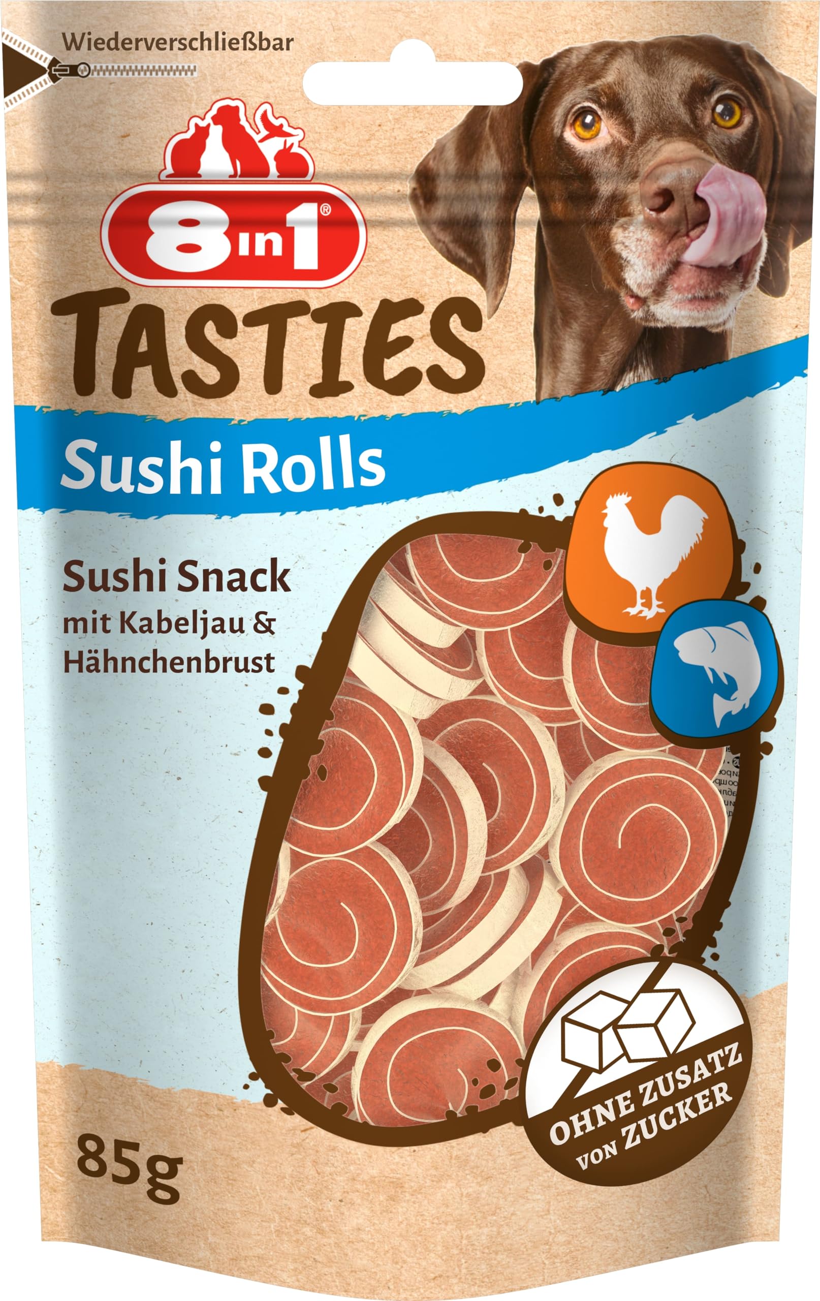 8in1 Tasties Sushi Rolls Hunde-Snack – glutenfreie Leckerlis mit Kabeljau & Hähnchenbrust, 85 g