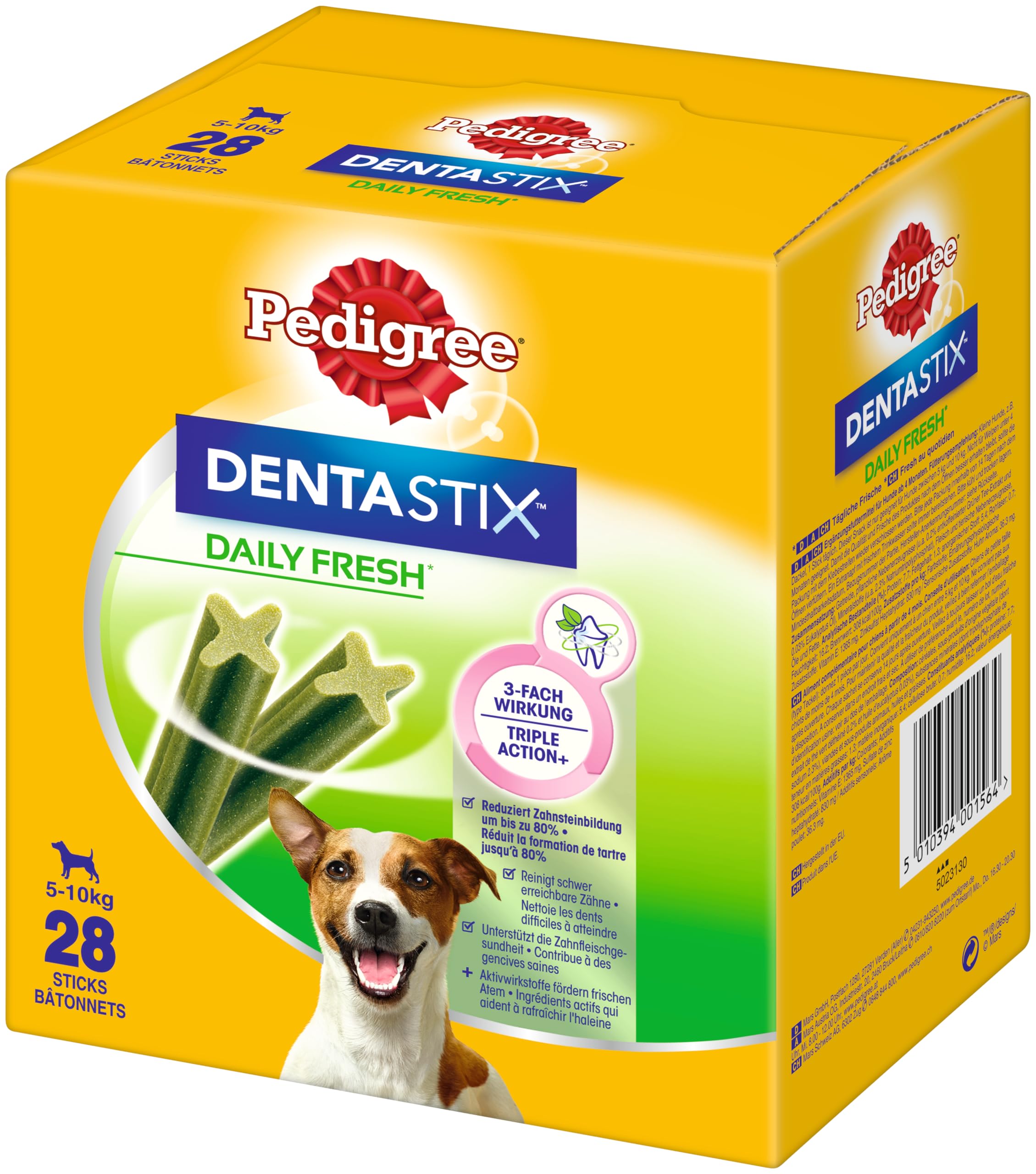 Mars Pedigree DentaStix Daily Fresh Zahnpflegesnack für kleine Hunde (5–10kg), 112 Sticks, 4er Pack, 4×28 Stück – Hundeleckerlis für jeden Tag, für gesunde Zähne und einen frischen Atem