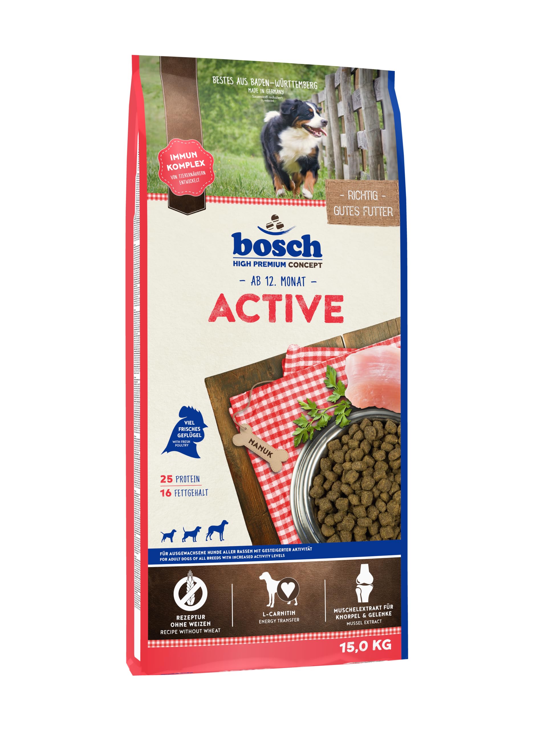 bosch HPC Active | Hundetrockenfutter für ausgewachsene Hunde aller Rassen mit gesteigerter Aktivität | 1 x 15 kg,Geflügel