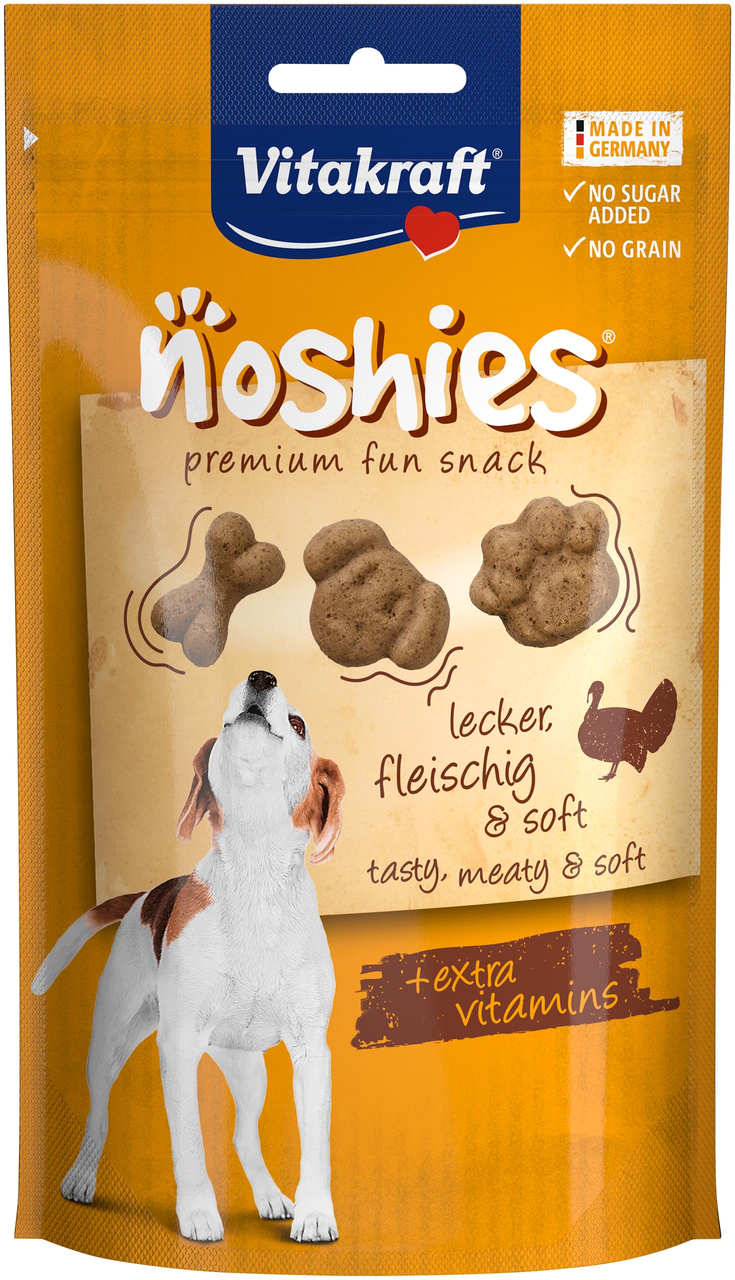 Vitakraft Noshies, Hundeleckerli getreidefrei, mit hochwertigem Truthahnfleisch, ideal zum Verwöhnen, Vitamine für Haut und Fell, ohne Zusatz von Zucker (1x 90g)