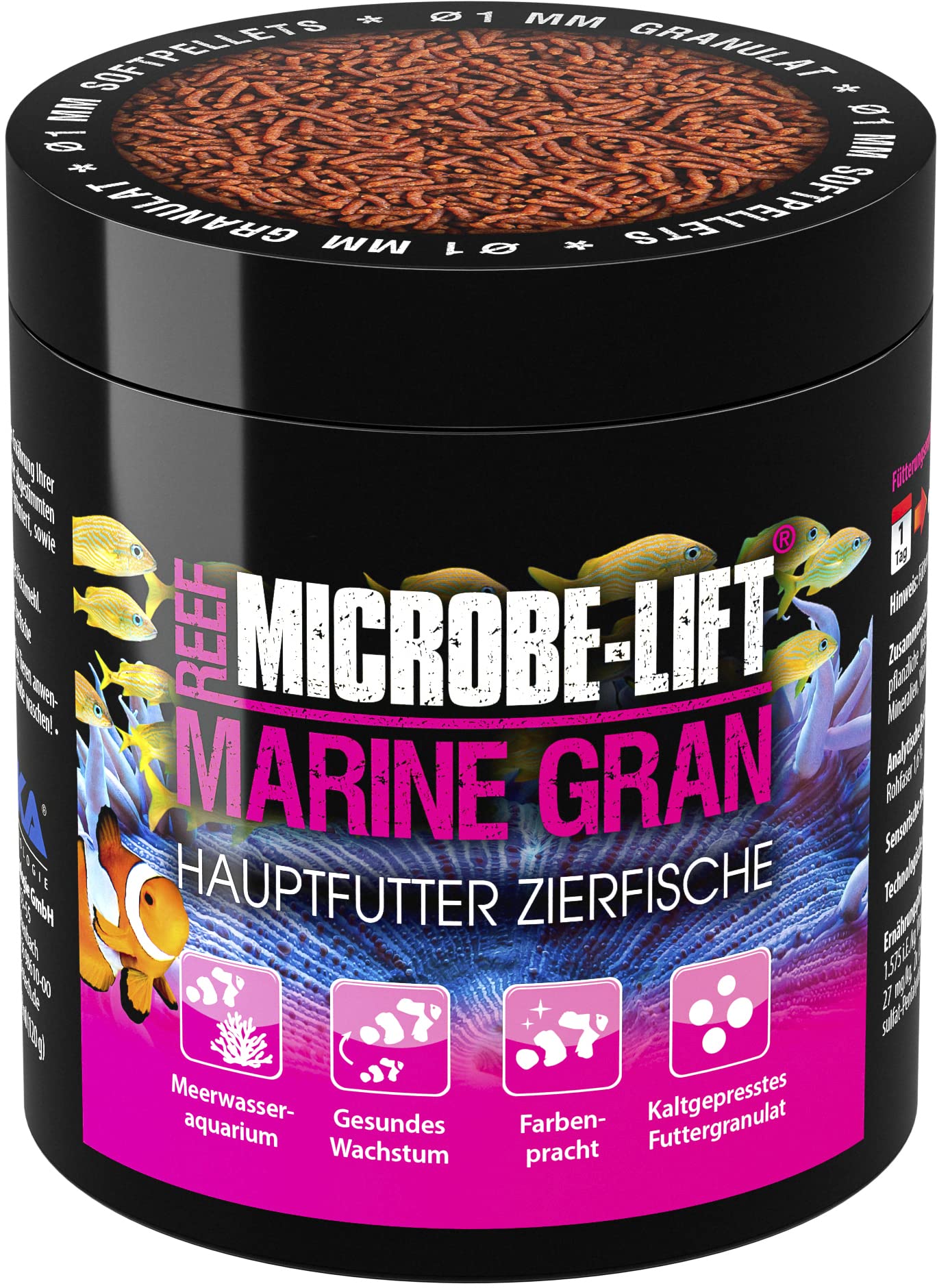 MICROBE-LIFT Marine Gran – 250 ml – Hochwertiges Soft Granulat Fischfutter, fördert Farbenpracht und Wachstum von Meerwasser-Fischen, kaltgepresst.