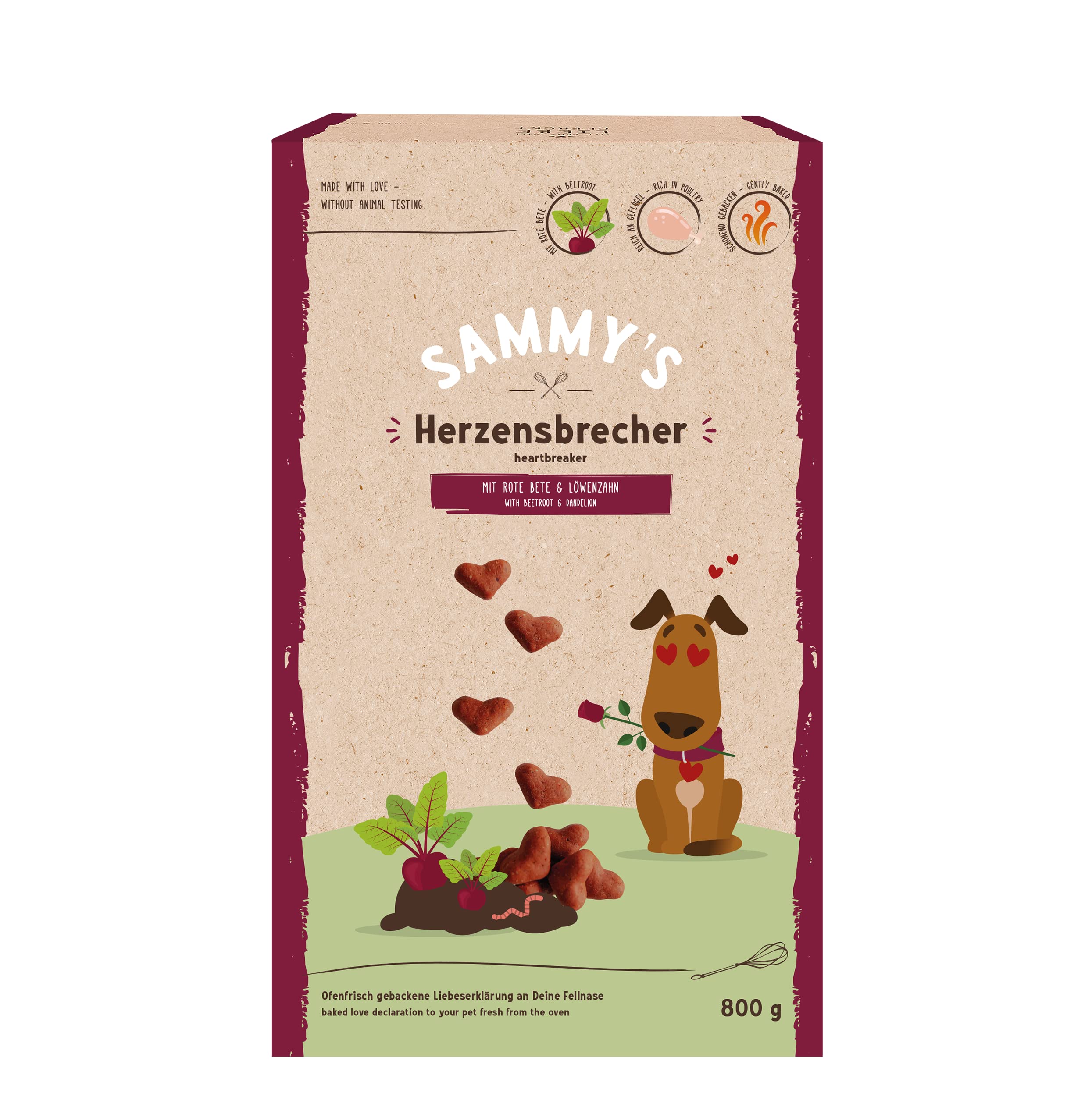 Sammy´s Herzensbrecher | Fein gebackene Snacks für Hunde | Mit Rote Bete & Löwenzahn | 1 x 800 g