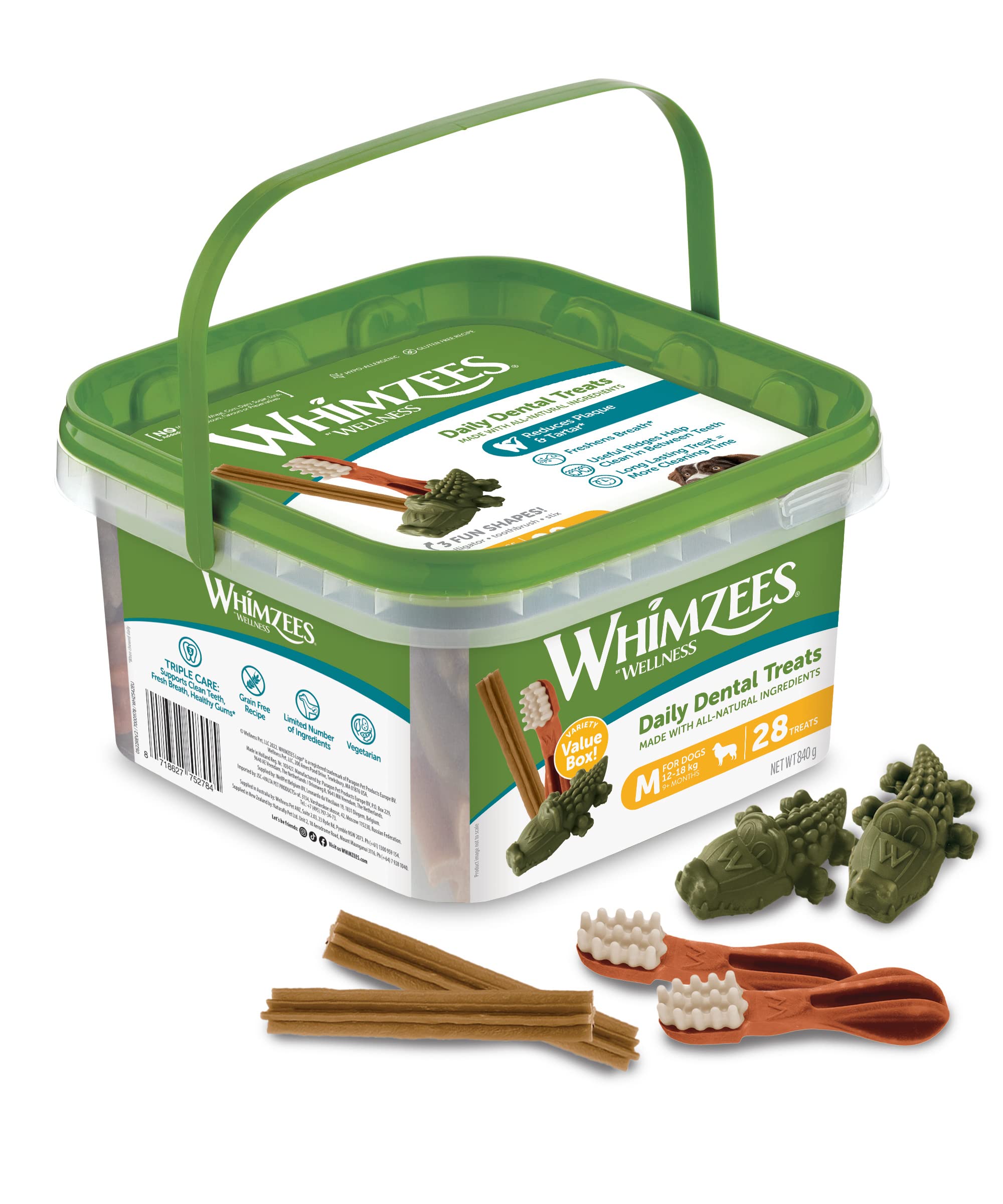 WHIMZEES By Wellness Gemischte Vielfaltsbox, Kaustangen für mittelgroße Hunde zur Zahnpflege, Größe M, 28 Stück, ohne Zuckerzusatz, getreidefrei, natürlich, fettarm