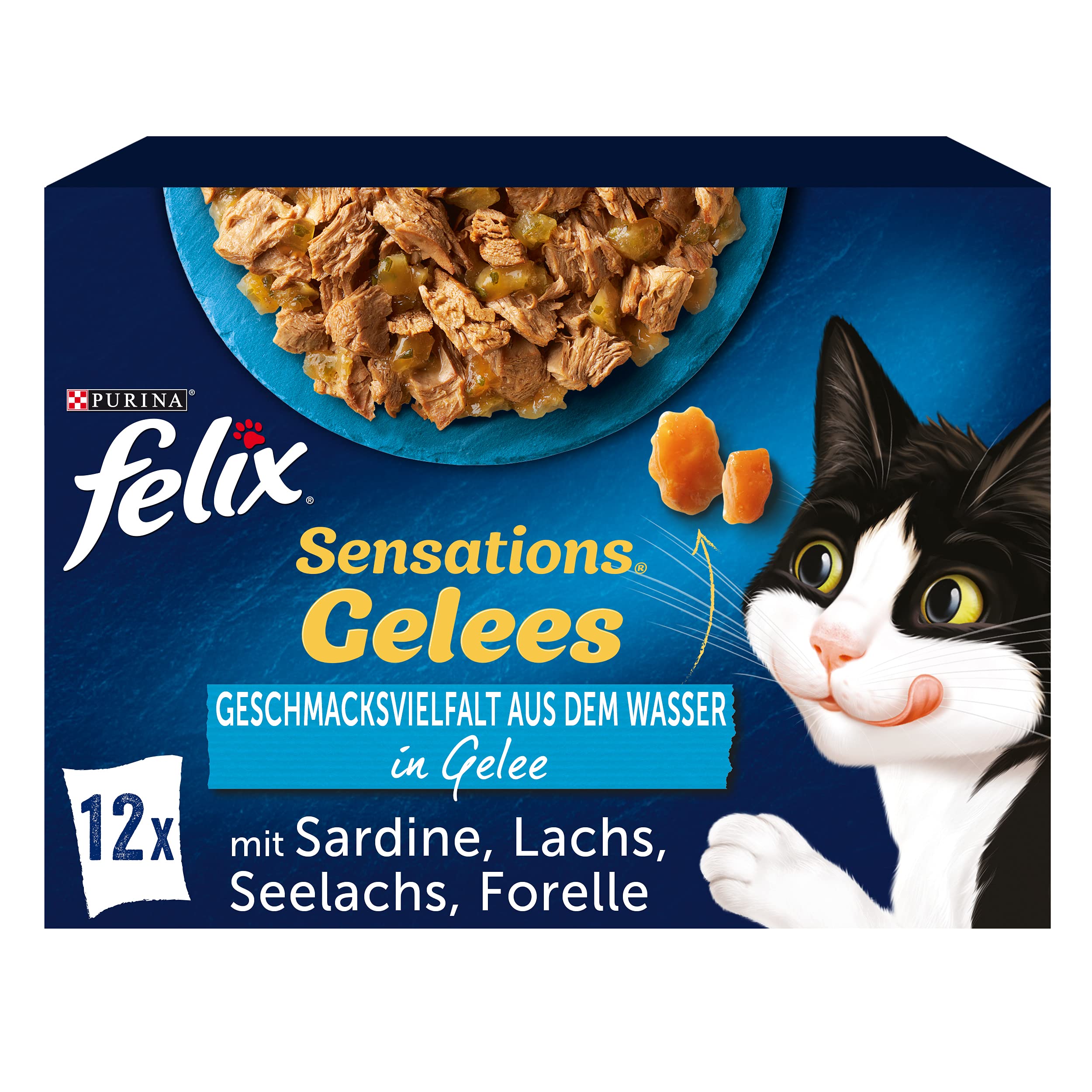 FELIX Sensations Gelees Katzenfutter nass in Gelee, Fisch Sorten-Mix, 6er Pack (6 x 12 Beutel à 85g)