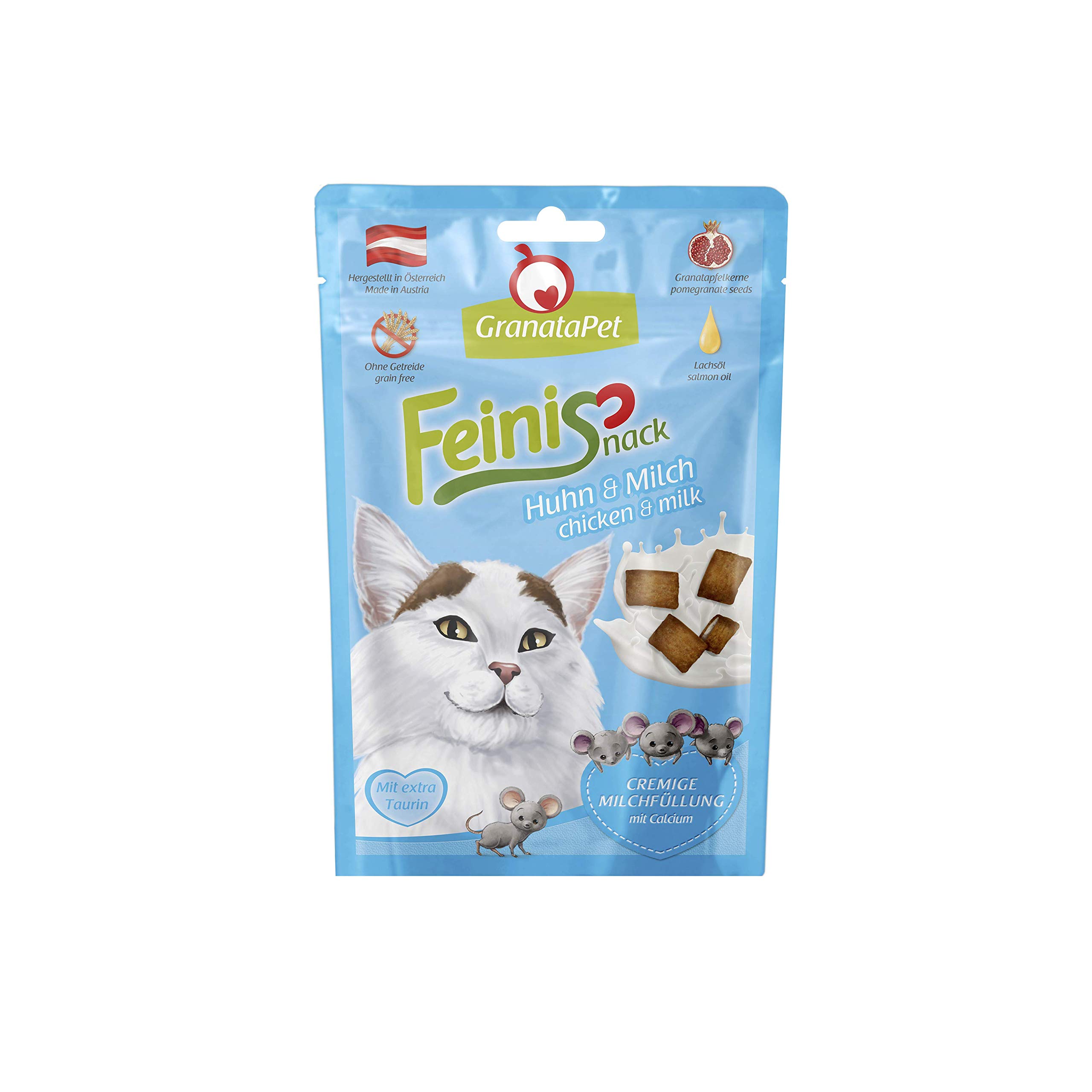 GranataPet FeiniSnack Huhn & Milch, Leckerchen für Katzen, bekömmlicher Katzensnack, Katzenleckerli ohne Getreide & Zuckerzusätze, Belohnung für verspielte Samtpfoten, 50 g