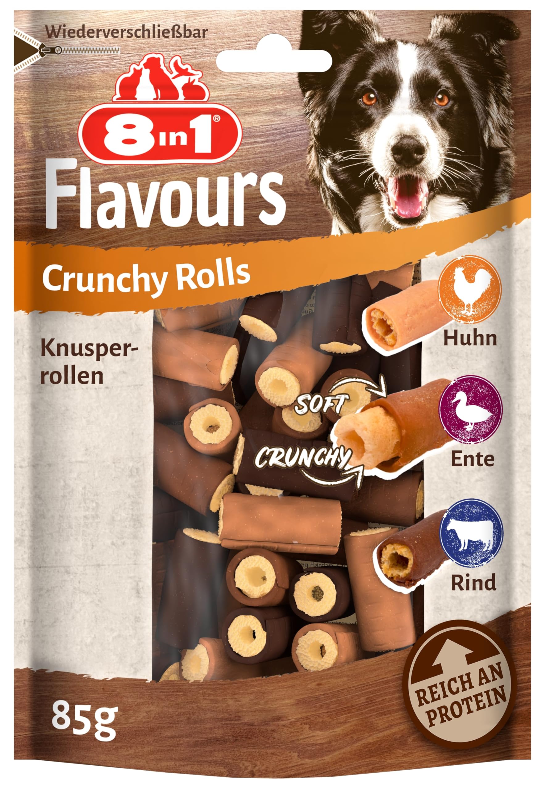 8in1 Flavours Crunchy Rolls Hunde-Snacks – knusprige Leckerlis für Hunde mit Hähnchenbrust, Entenbrust oder Rindfleisch, 85 g Beutel