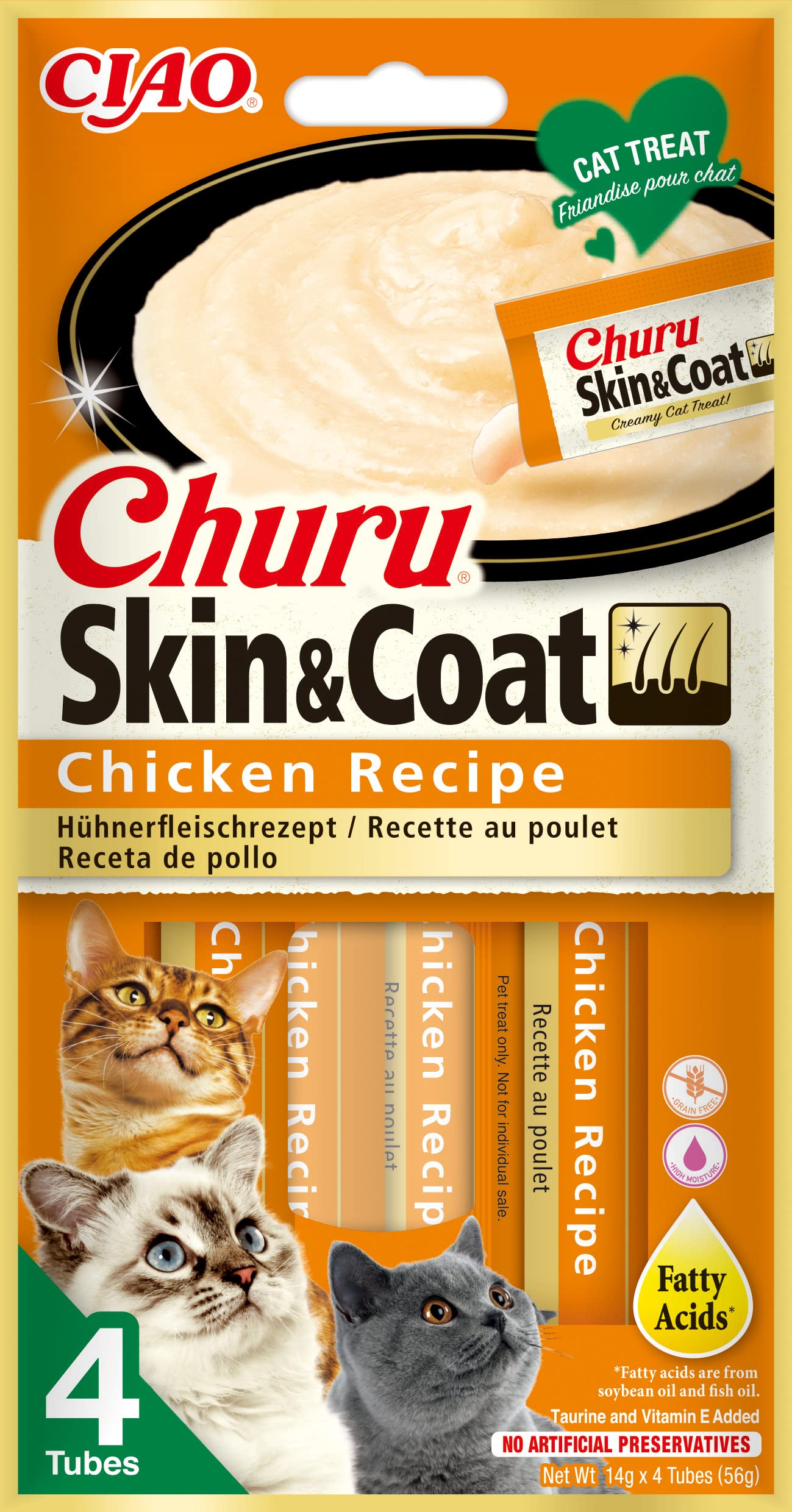 INABA Churu Skin & Coat – Katzenleckerli mit Huhn – Omega 3 & 6 und Taurin – Felinen-Snacks, Cremige Textur – Katzenfutter, Haut & Fell – 4 Tuben x 14g